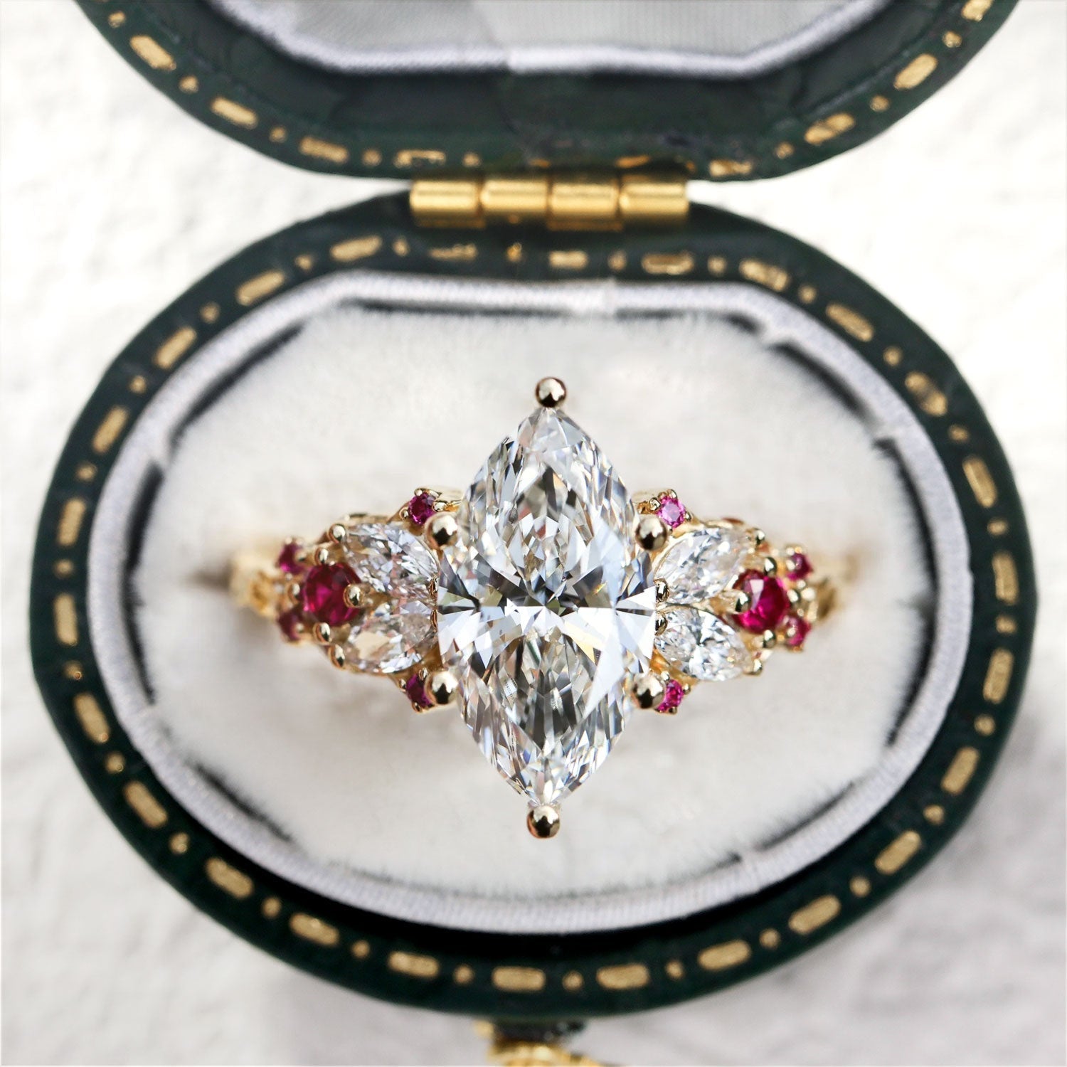 Unique Enchanted Garden Marquise Moissanite and Lab Ruby Engagement Ring - Oore Jewelry