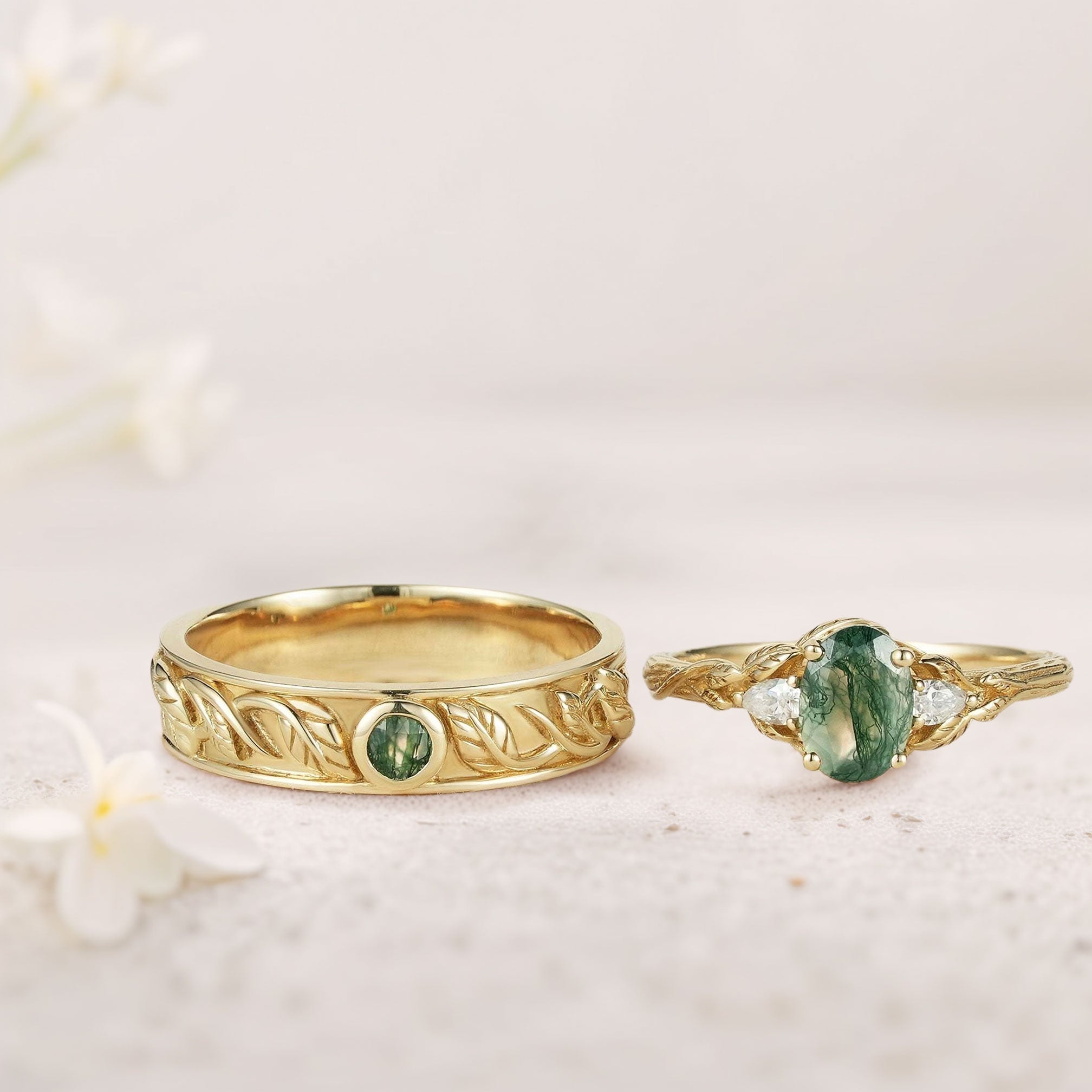 Unique Leaf Design Oval Moss agate and Moissanite Wedding Ring Promise Ring for Couples - Oore Jewelry