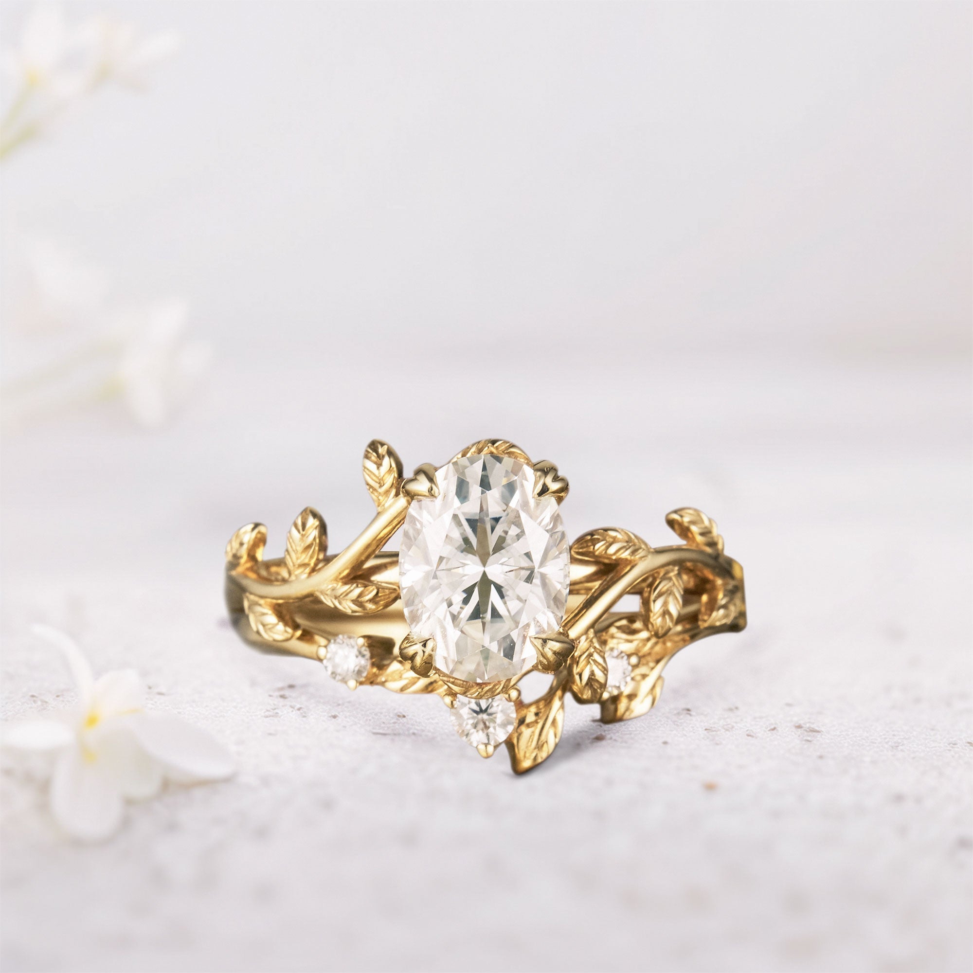 Unique Oval Moissanite Wedding Ring Set With Leaf Band - Oore Jewelry