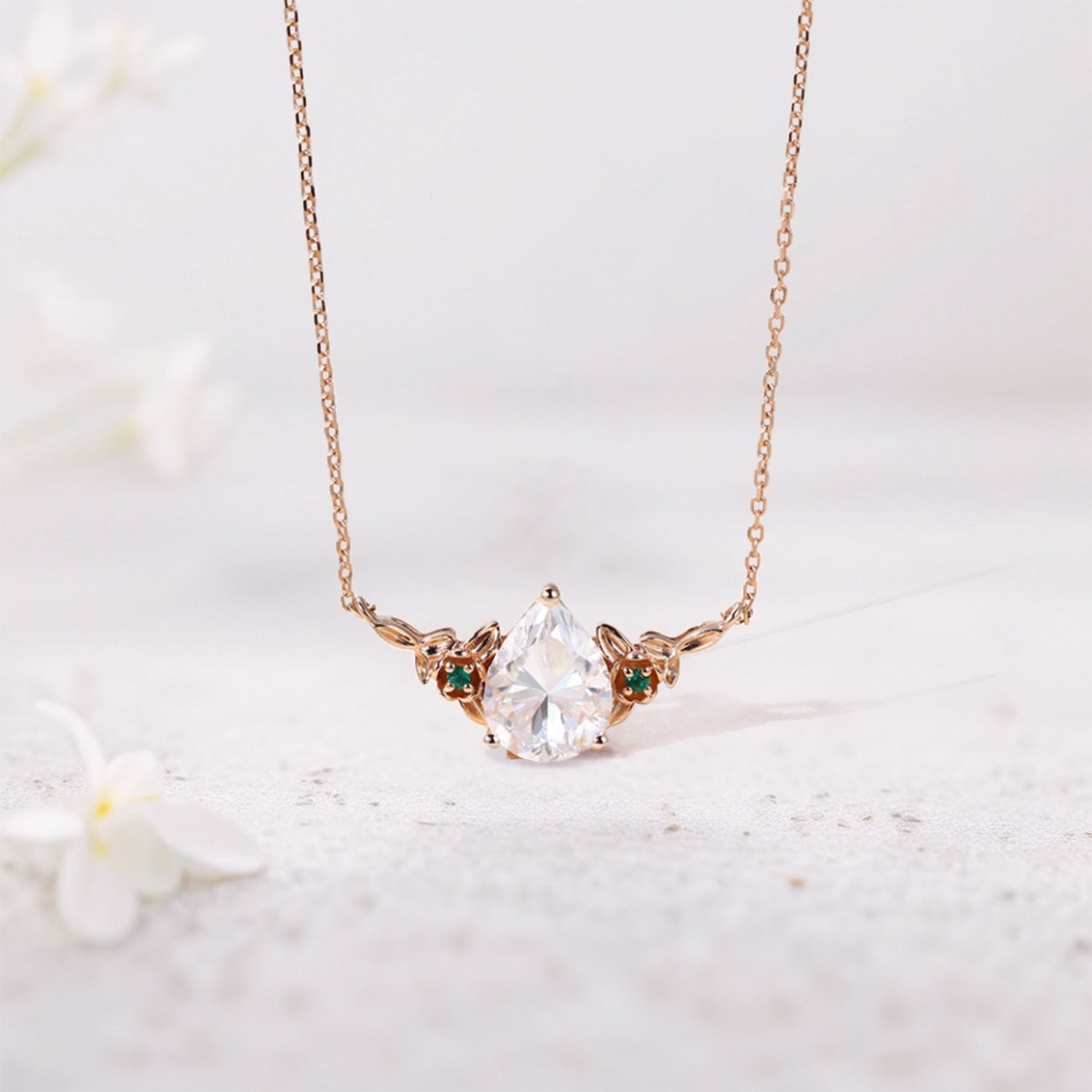 Classic Blossom Accented Pear Moissanite Necklace - Oore Jewelry