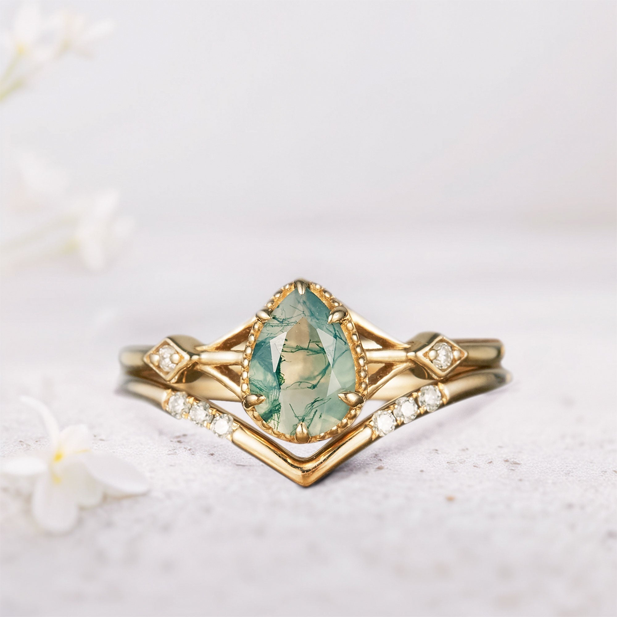 Unique Pear Moss Agate Bridal Ring Set - Oore Jewelry