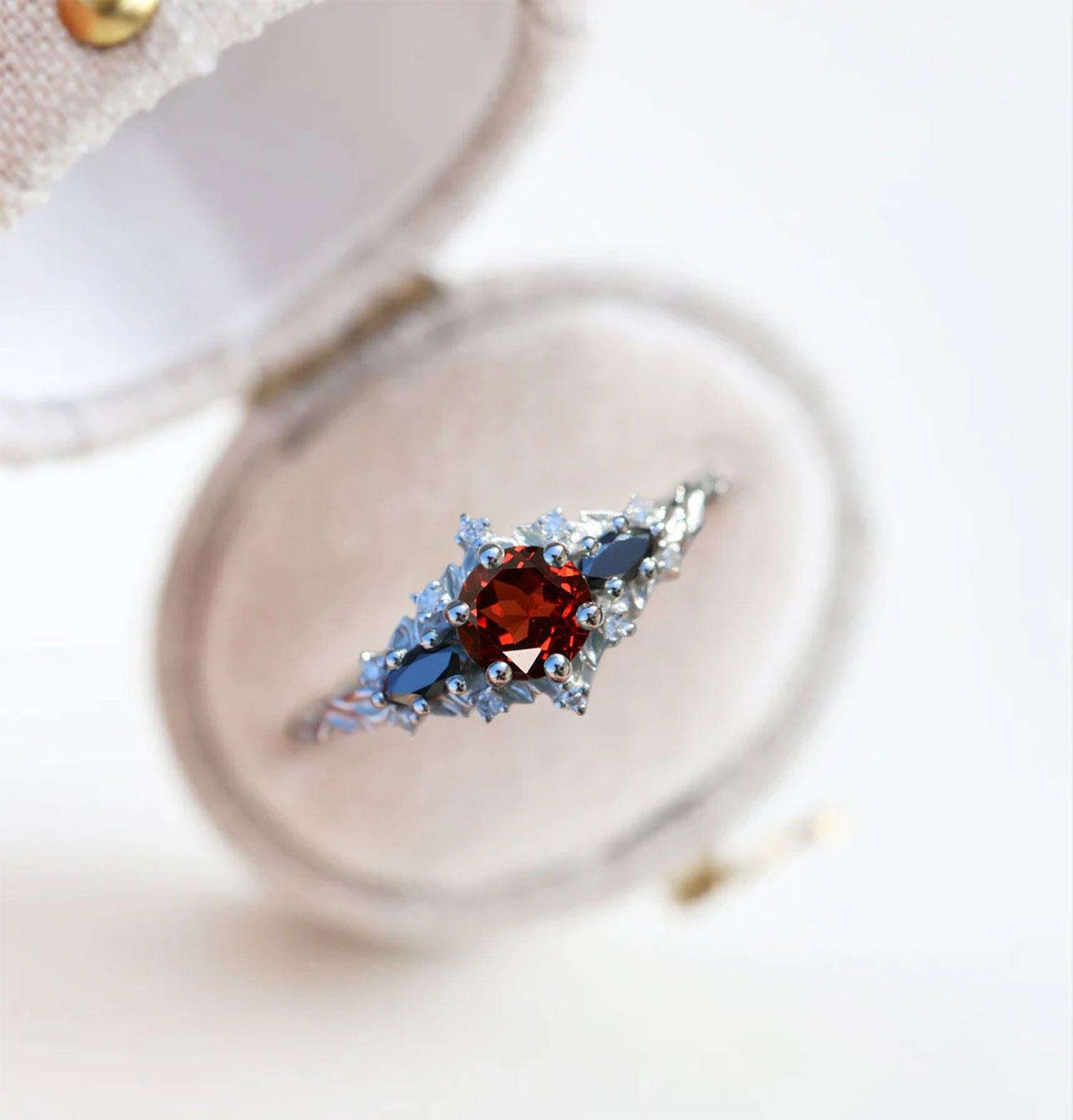 Unique Briar Rose Round Lab Garnet and Black Moissanite Ring - Oore Jewelry