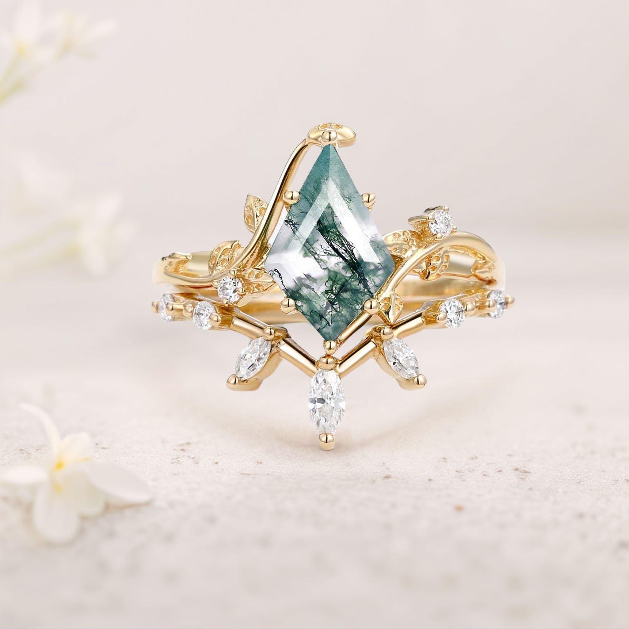 Unique floral engagement rings Kite Moss Agate Engagement Ring Set with Leafy Accents - Oore Jewelry