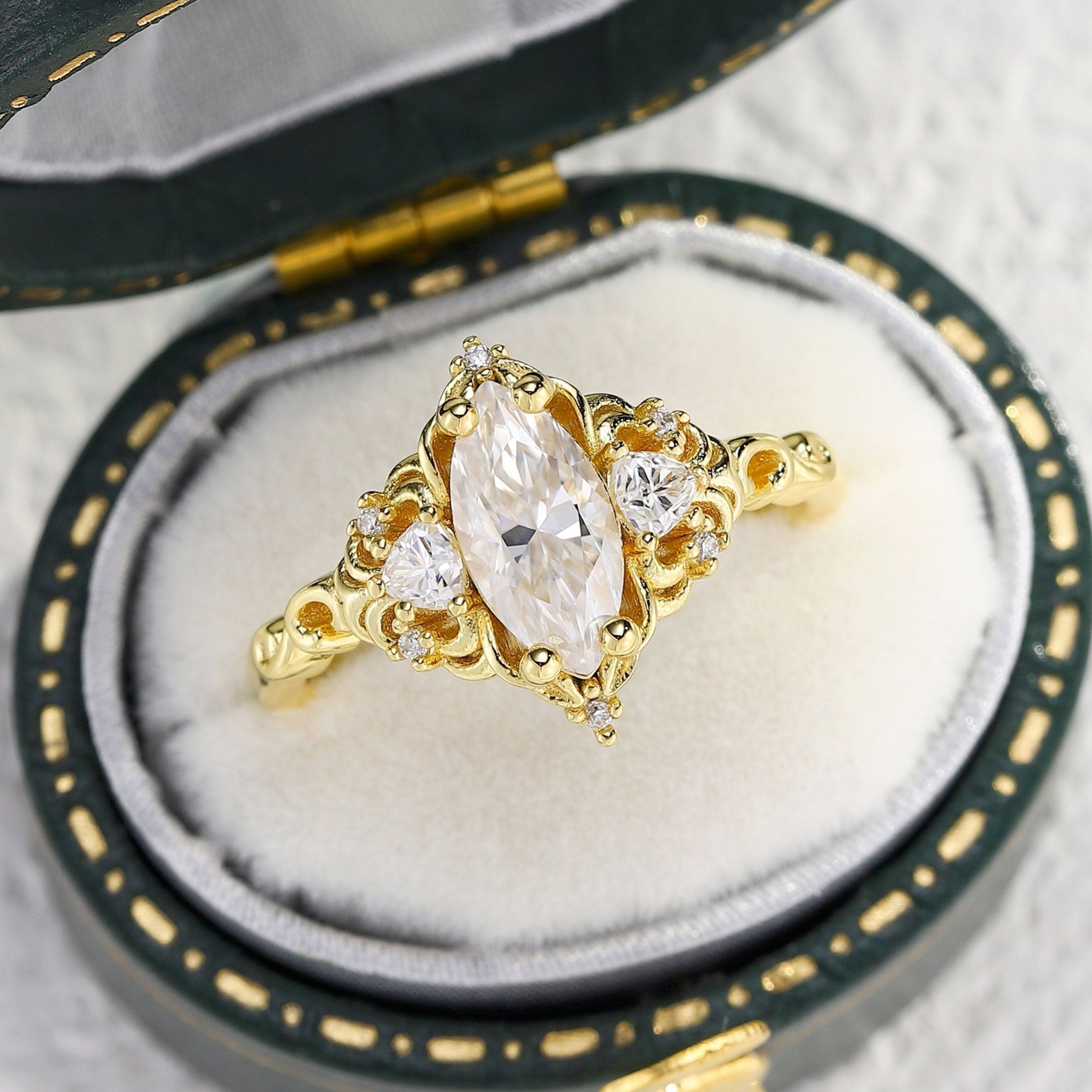 Unique Aurora Three Stone Marquise Moissanite Ring - Oore Jewelry