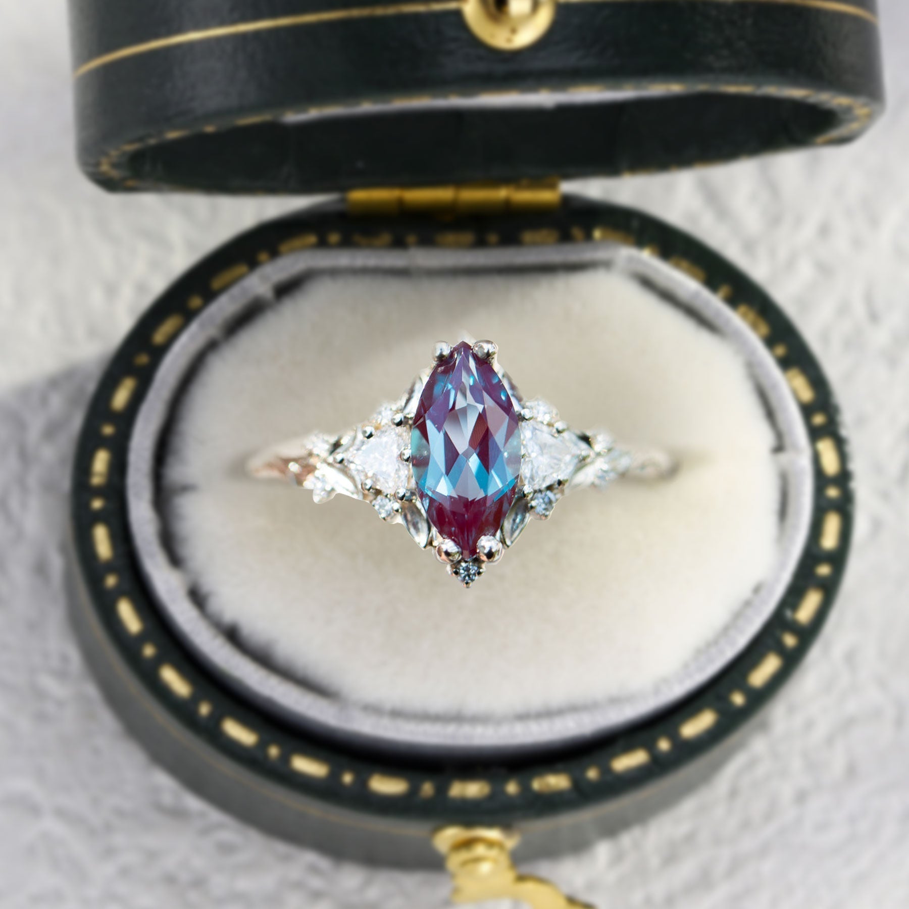 Unique Briar Rose Three Stone Marquise Lab Alexandrite Ring - Oore Jewelry