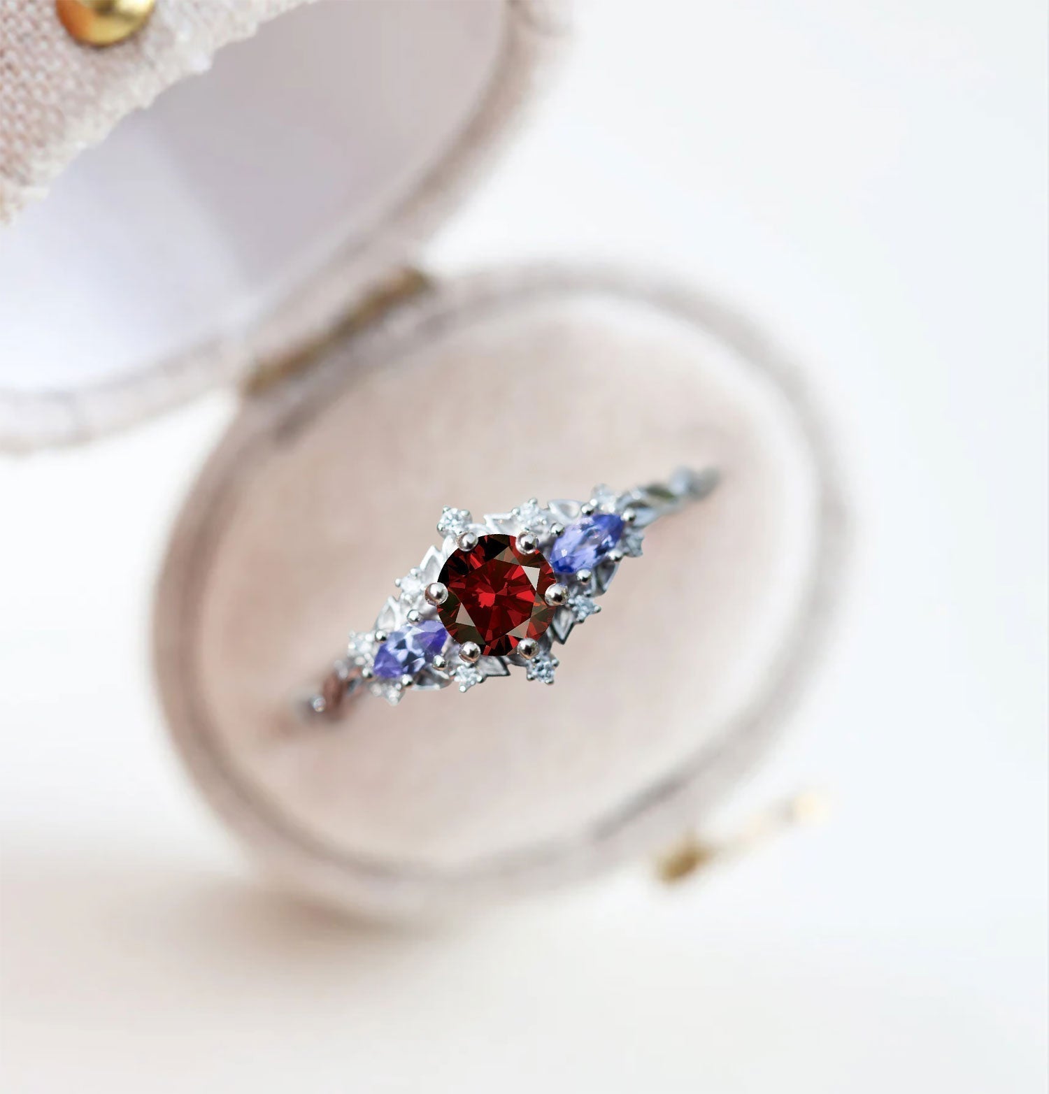 Unique Briar Rose Three-Stone Round Garnet Anniversary Ring - Oore Jewelry