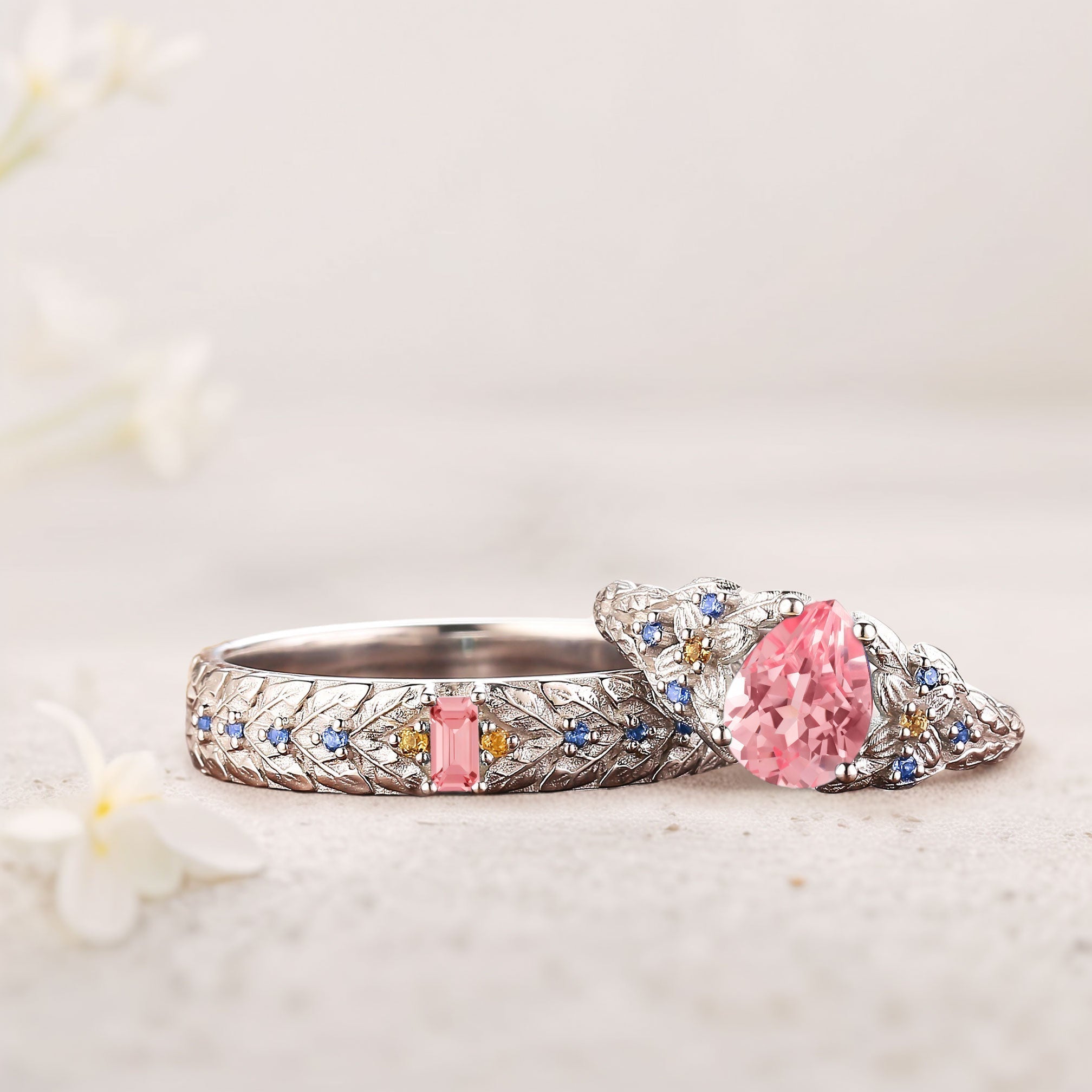 Unique Pear Lab Padparadscha His and Hers Matching Wedding Ring Set - Oore Jewelry