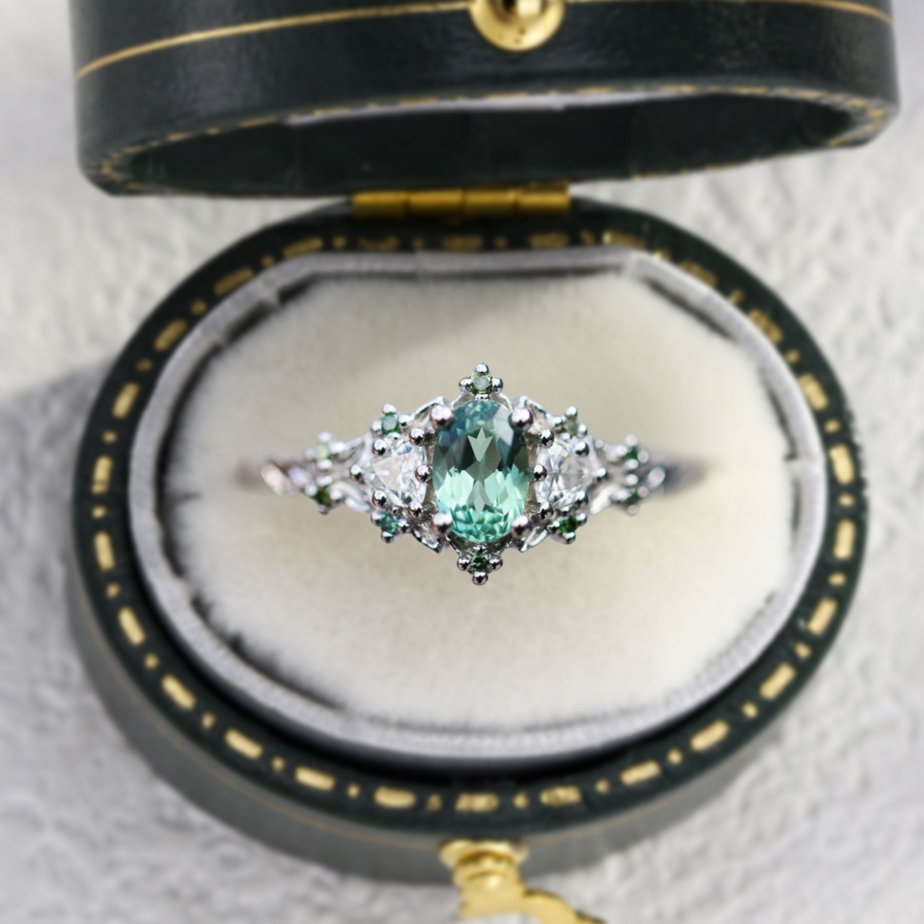 Unique Briar Rose Three Stone Oval Light Green Lab Sapphire Ring - Oore Jewelry