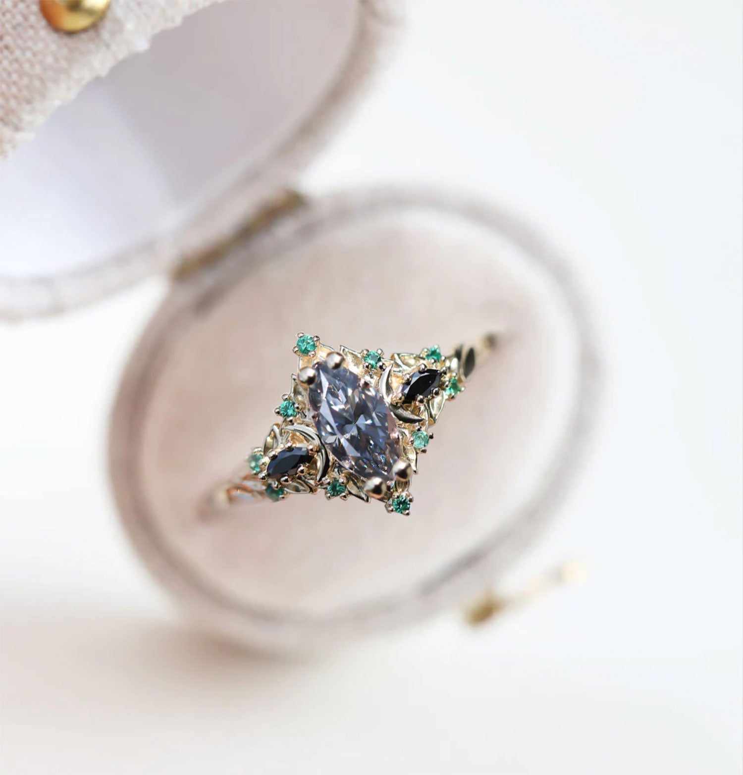 Unique Briar Moon Three Stone Marquise Grey Moissanite and Lab Emerald Ring - Oore Jewelry