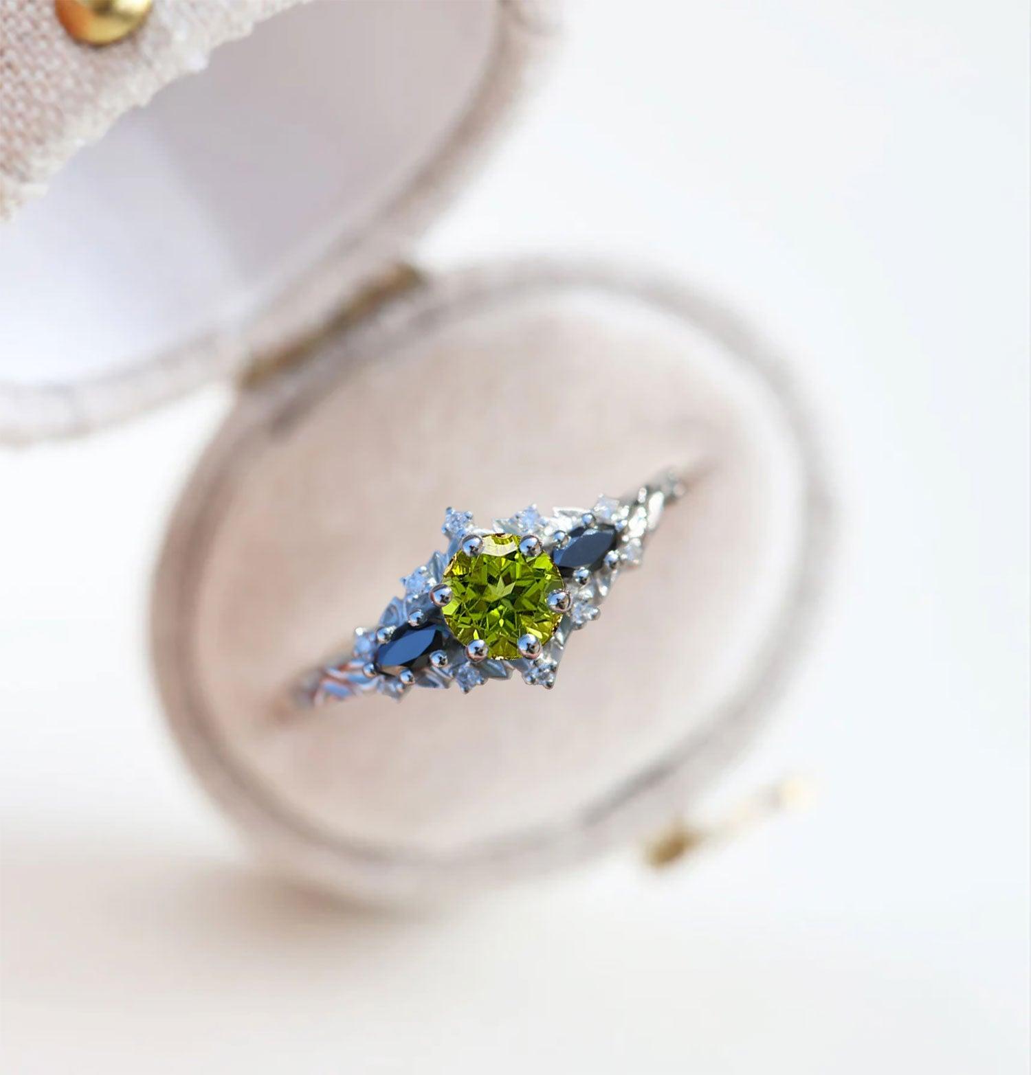 Unique Briar Rose Round Lab Peridot and Black Moissanite Ring - Oore Jewelry