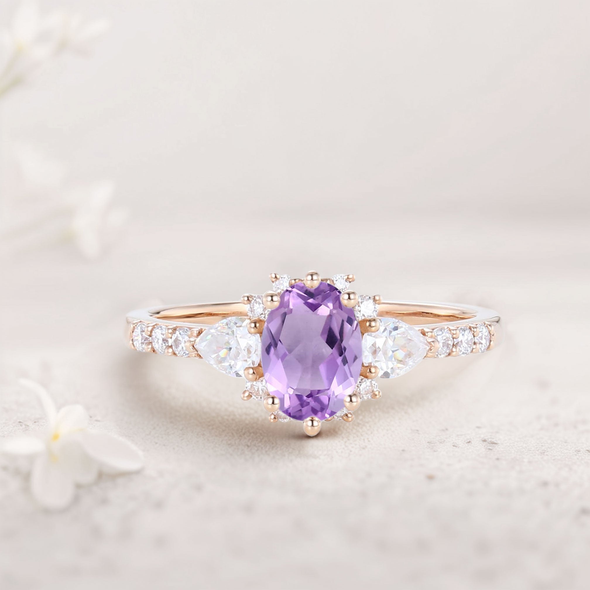Unique Oval Amethyst Engagement Ring Bridal Ring - Oore Jewelry