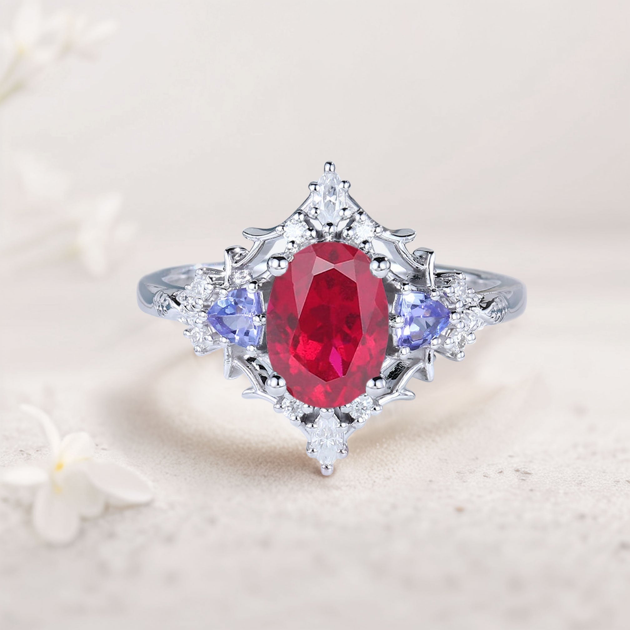 Vintage Briar Rose Oval Lab Ruby Engagement Ring Filigree Ring - Oore Jewelry