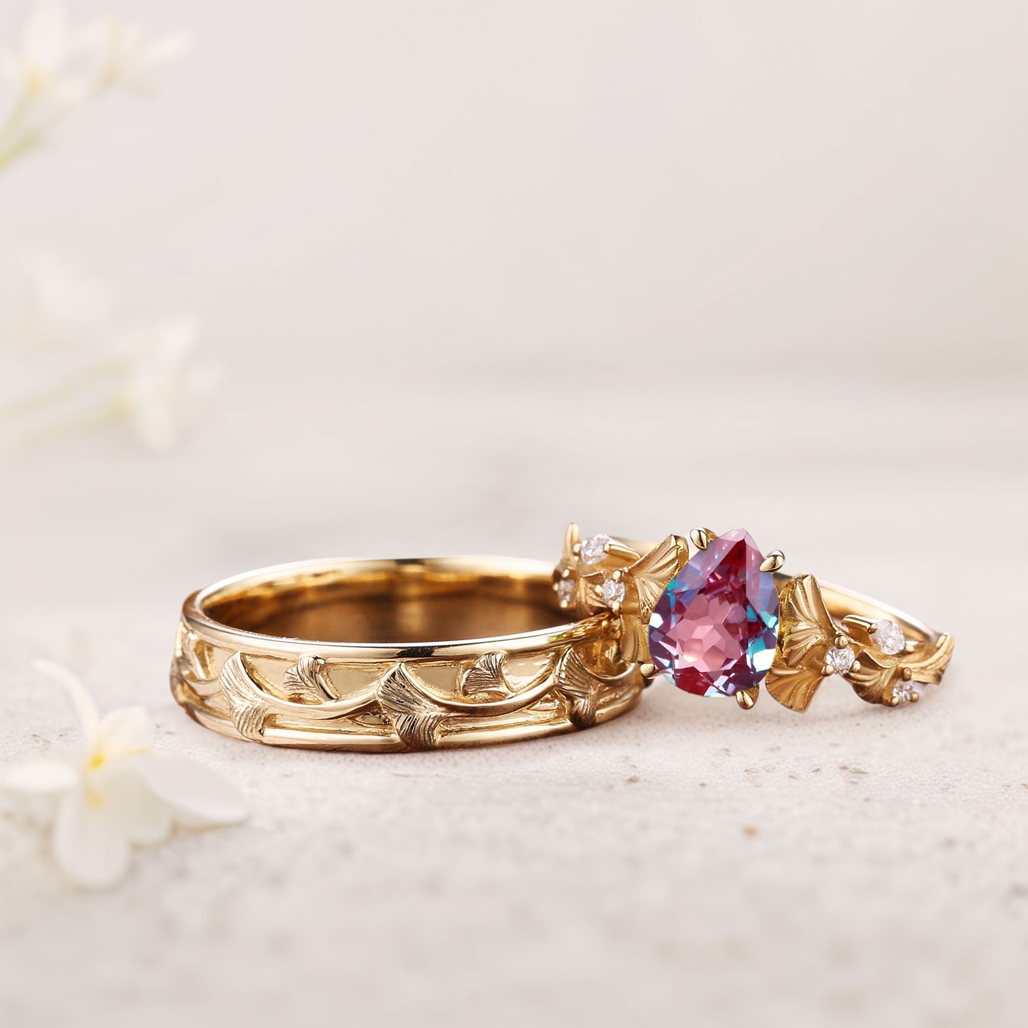 Vintage Pear Lab Alexandrite Engagement Couples Ring Set For Wedding Gift - Oore Jewelry