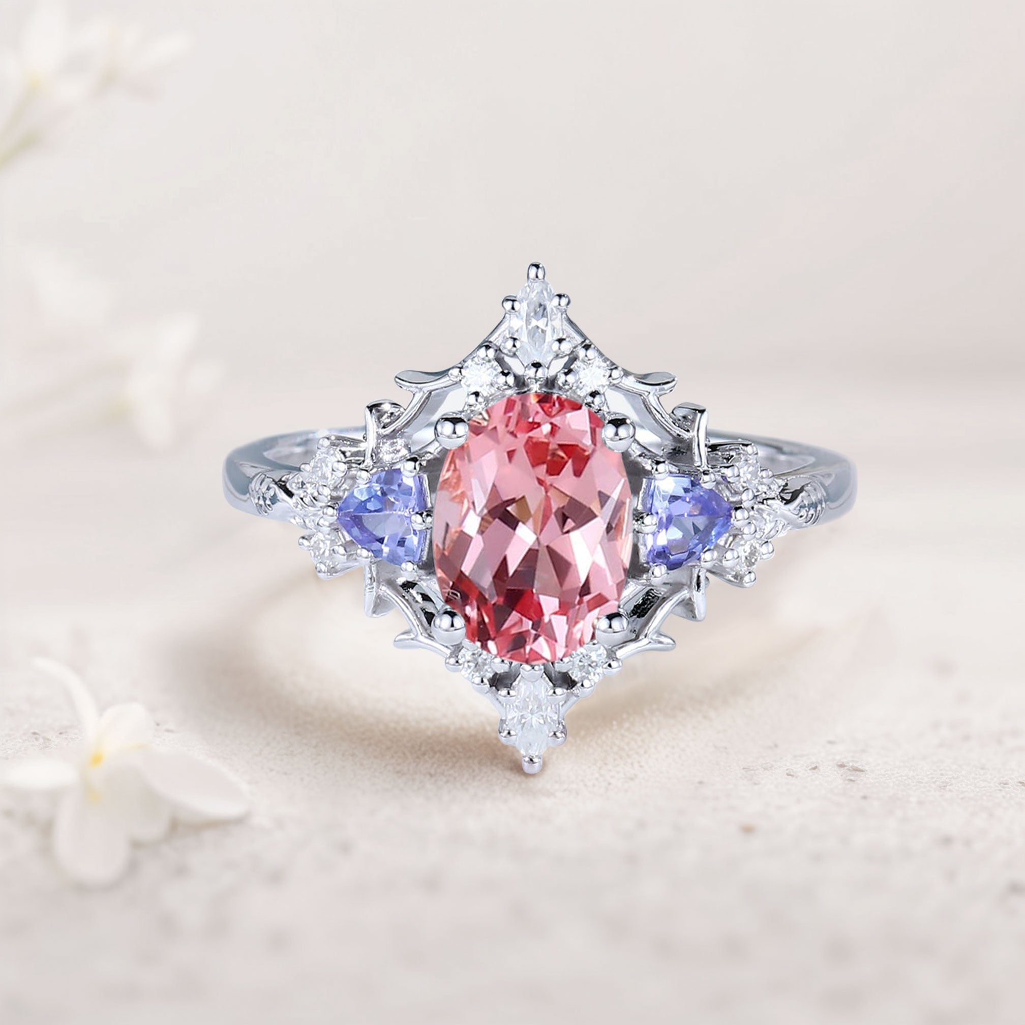 Vintage Briar Rose Oval Pink Lab Padparadscha Engagement Ring Filigree Ring - Oore Jewelry