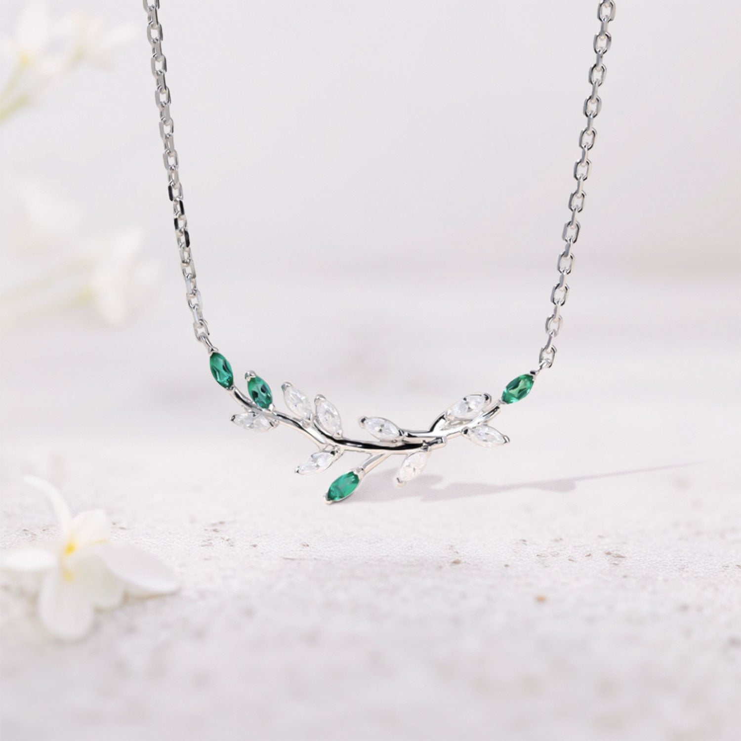 Unique Nature Twig Moissanite & Lab Emerald Necklace - Oore Jewelry