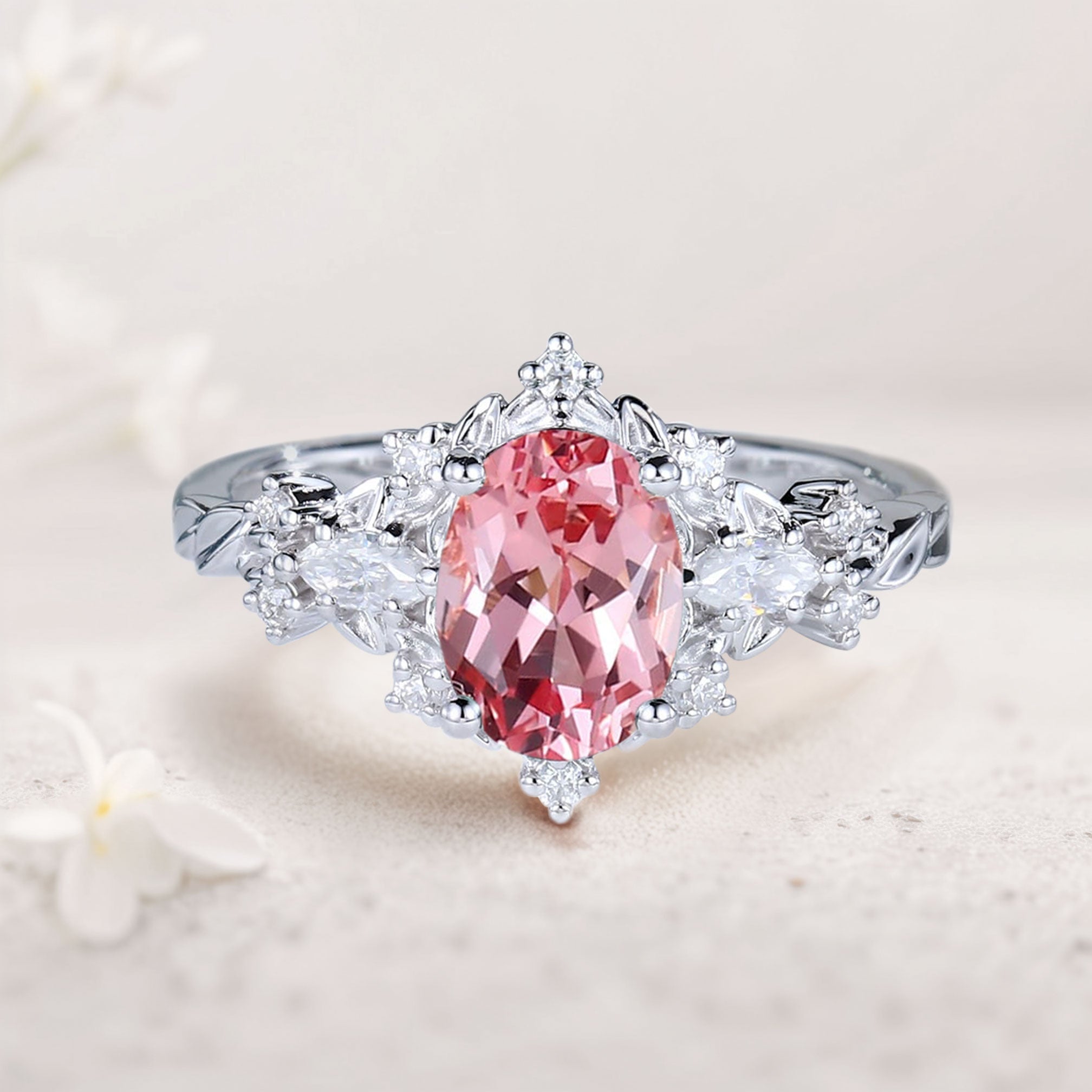 Vintage Briar Rose Oval Pink Lab Padparadscha Engagement Ring Vine Ring - Oore Jewelry