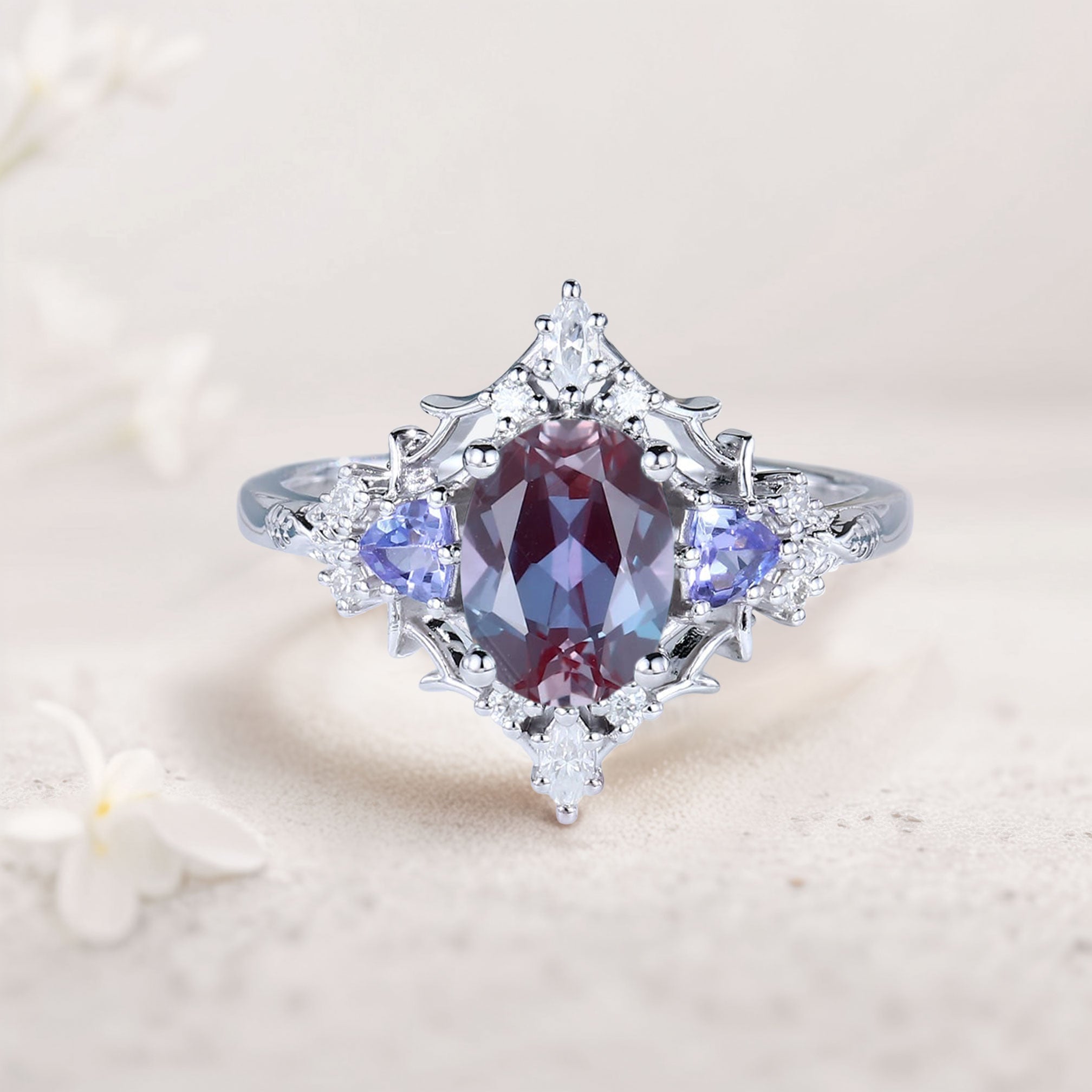 Vintage Briar Rose Oval Lab Alexandrite Engagement Ring Filigree Ring - Oore Jewelry