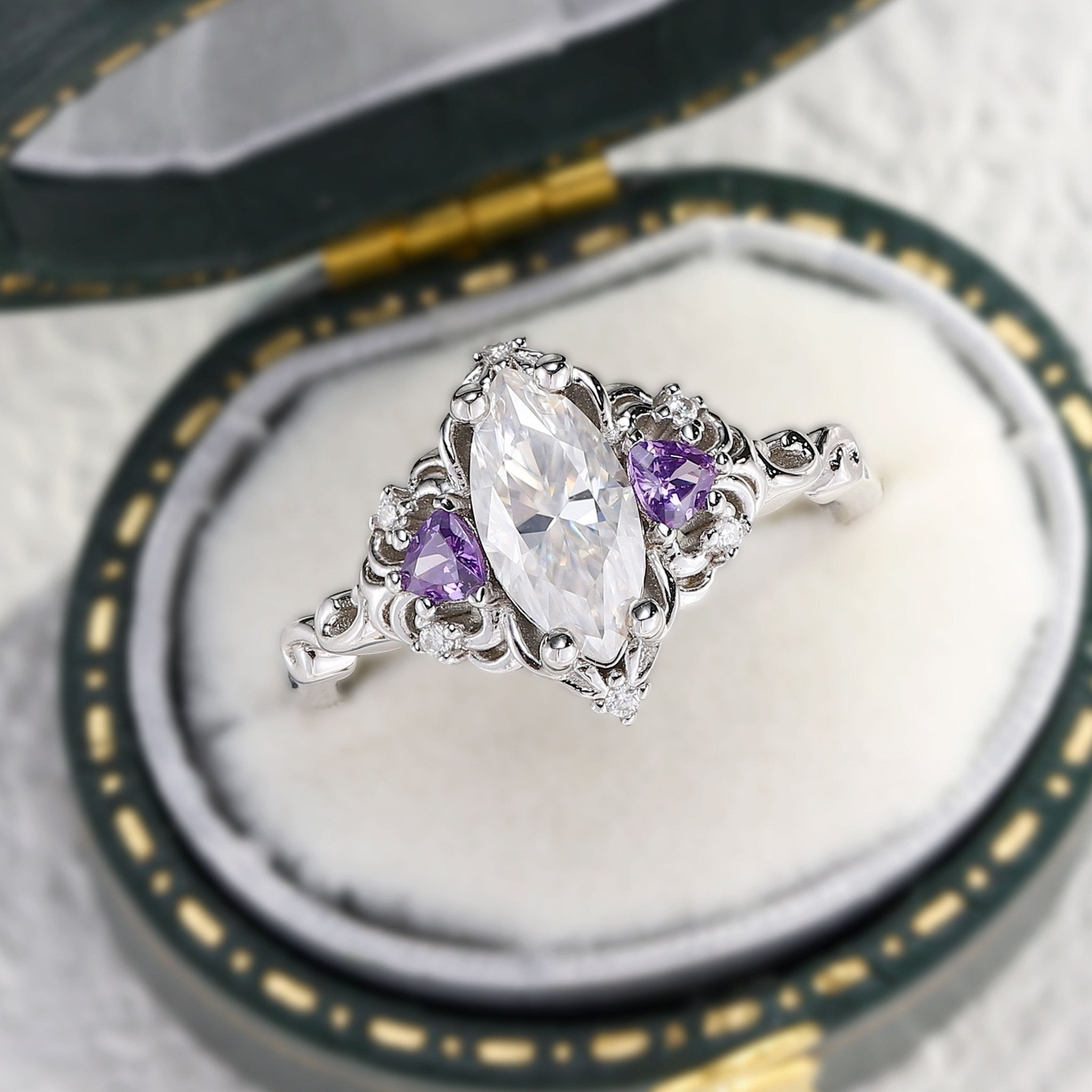 Unique Aurora Three Stone Marquise Moissanite and Tanzanite Ring - Oore Jewelry
