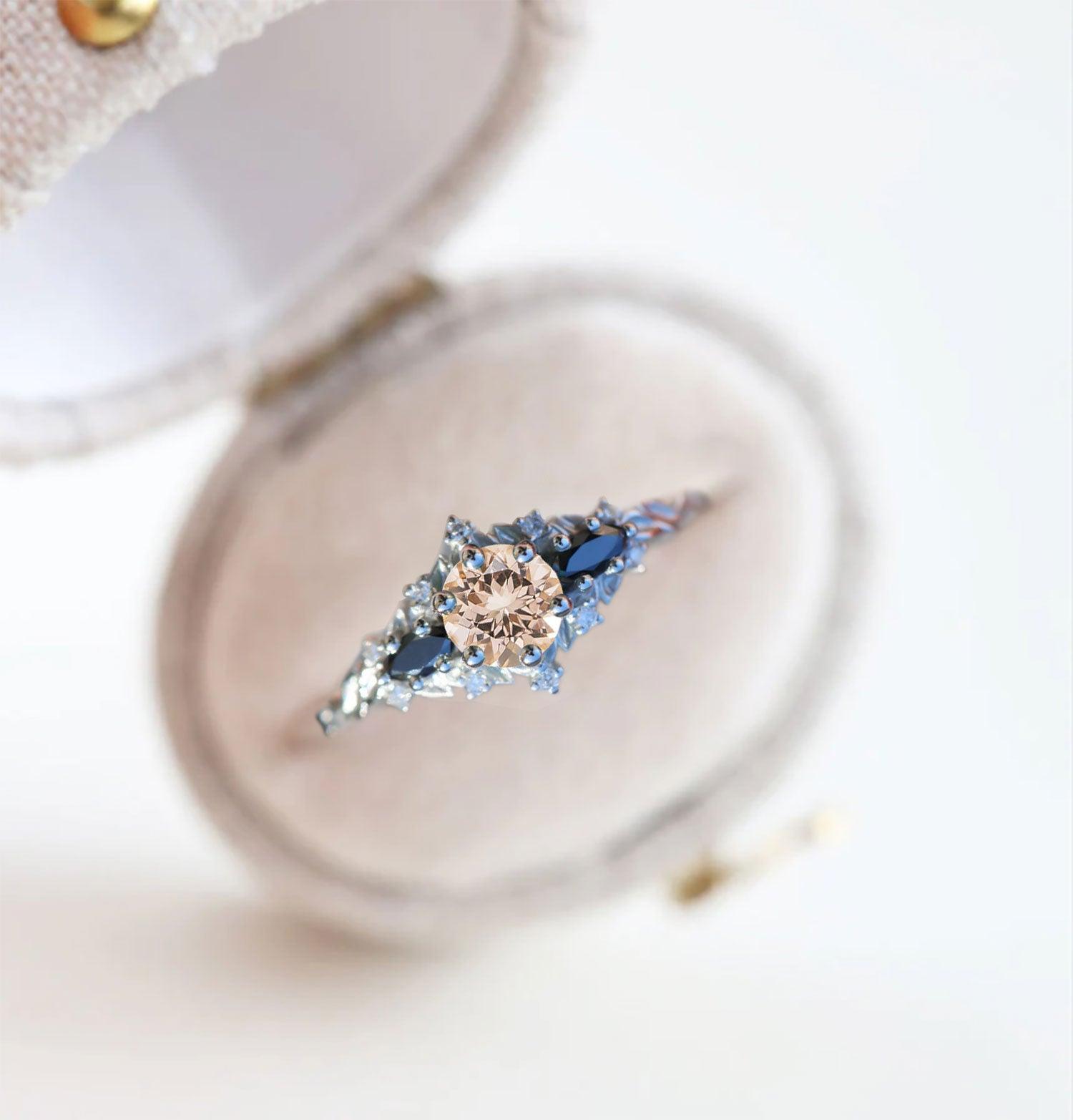 Unique Briar Rose Round Lab Morganite and Black Moissanite Ring - Oore Jewelry