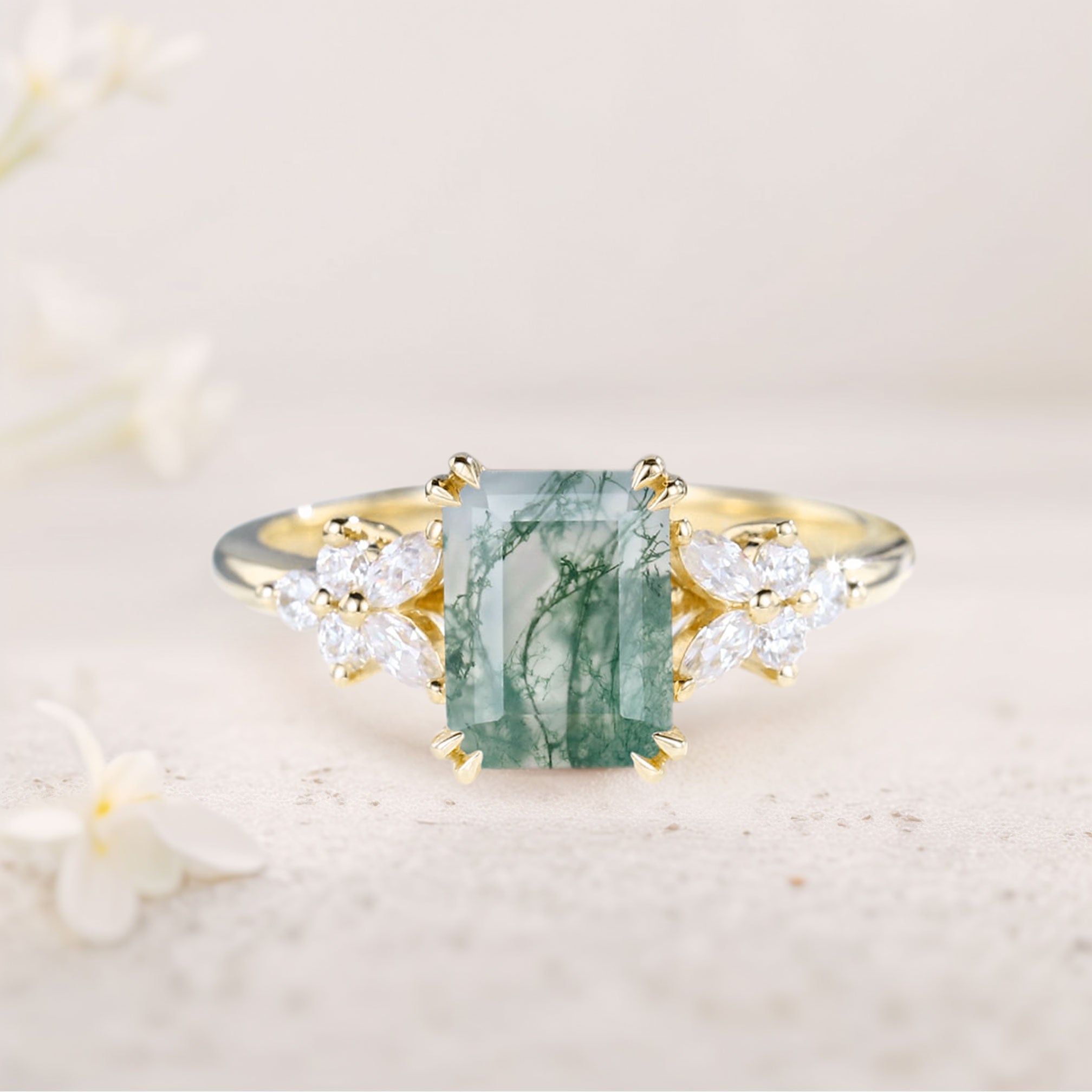 Vintage Emerald Cut Moss Agate Engagement Ring - Oore Jewelry