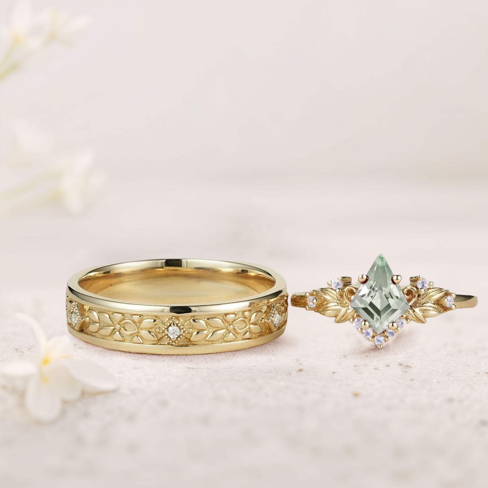 Vintage Kite Green Lab Sapphire Promise Ring Engagement Ring Set for Couples - Oore Jewelry