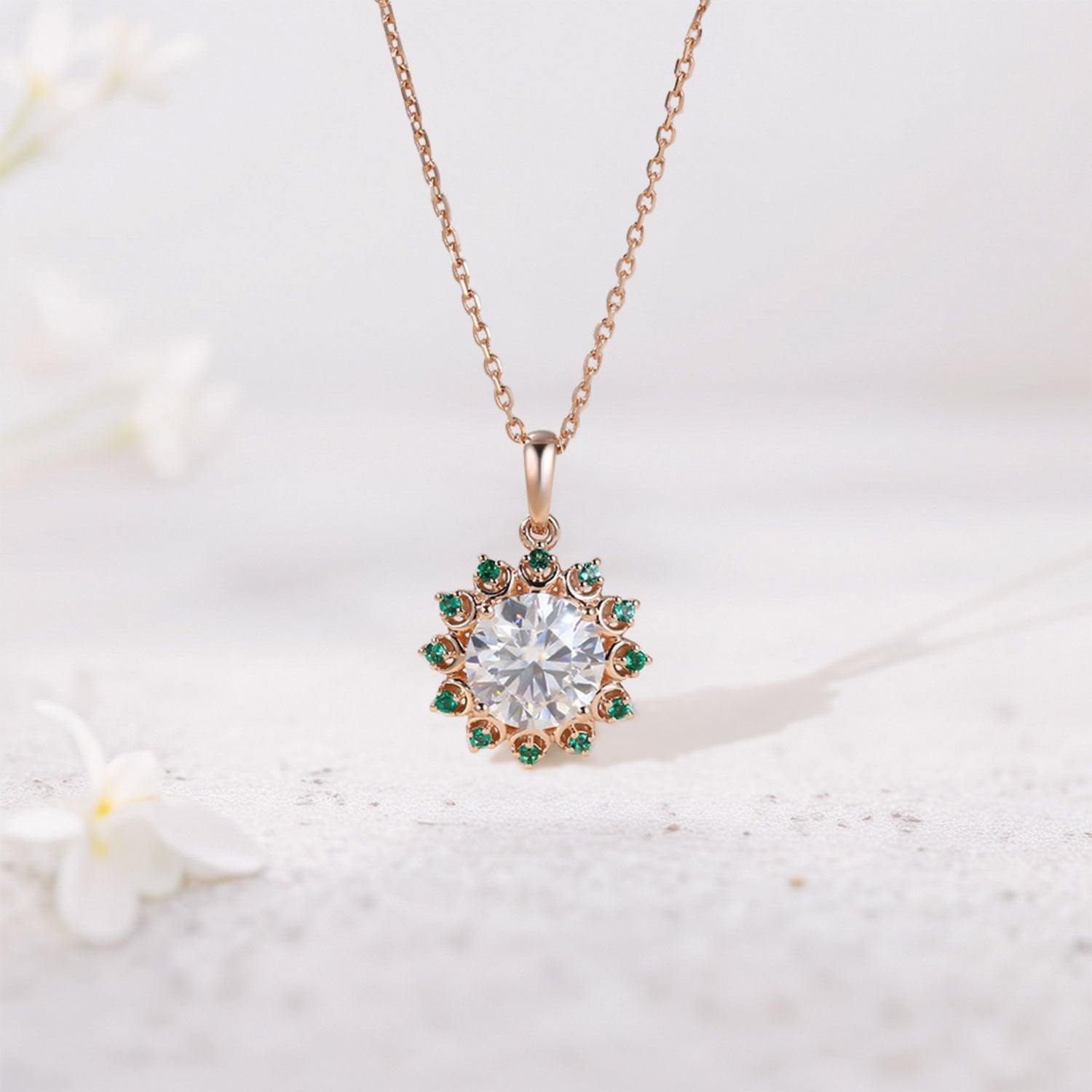 Unique Halo Accented Round Moissanite and Lab Emerald Pendant Necklace - Oore Jewelry