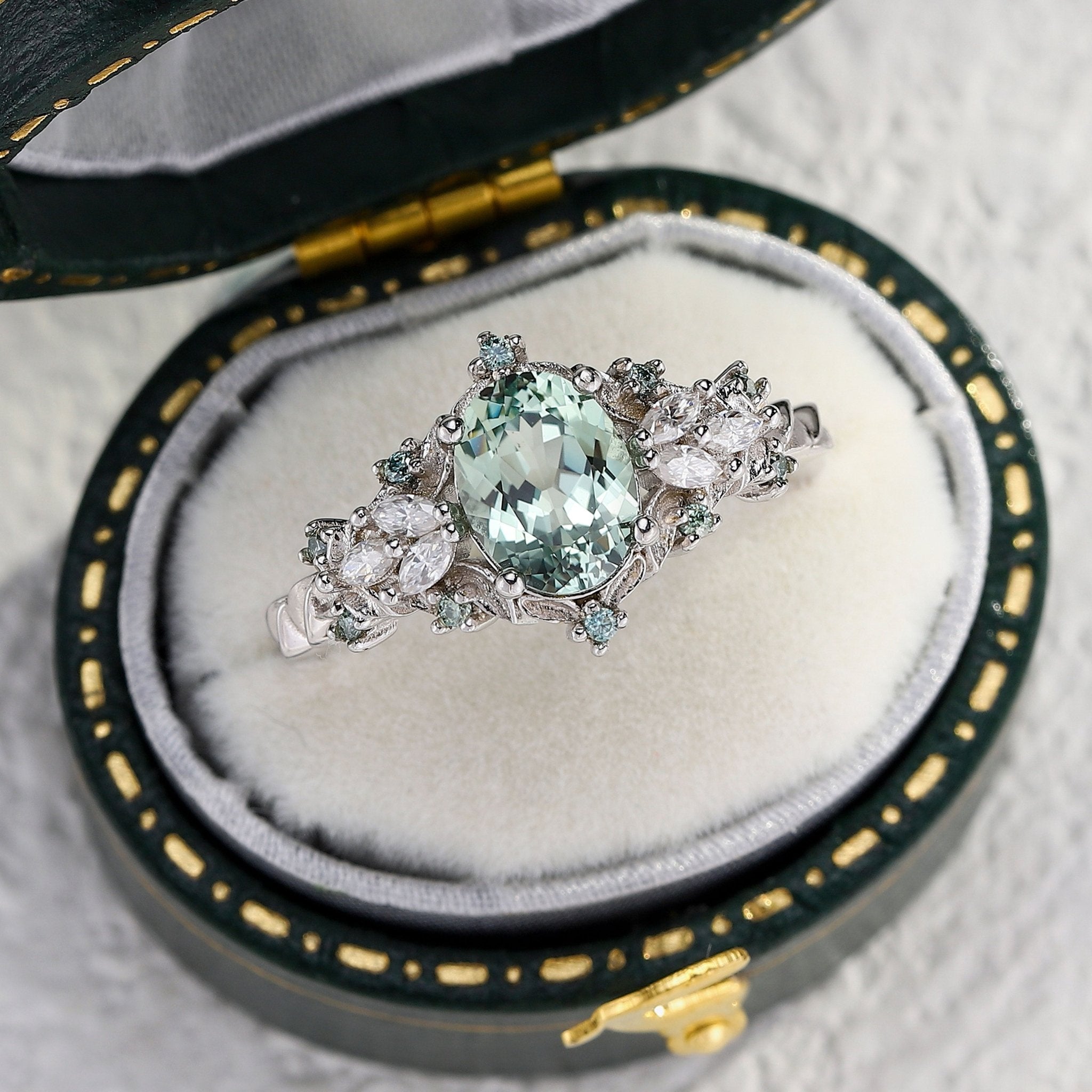 Unique Starlight Oval Green Lab Sapphire Engagement Ring - Oore Jewelry