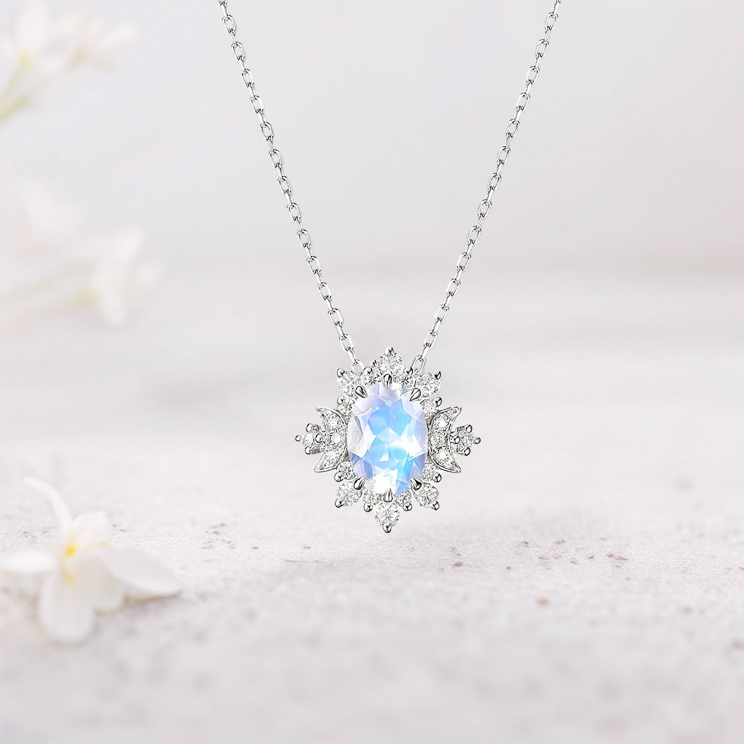 Unique Cluster Halo Oval Lab Moonstone and Moissanite Pendant Necklace - Oore Jewelry
