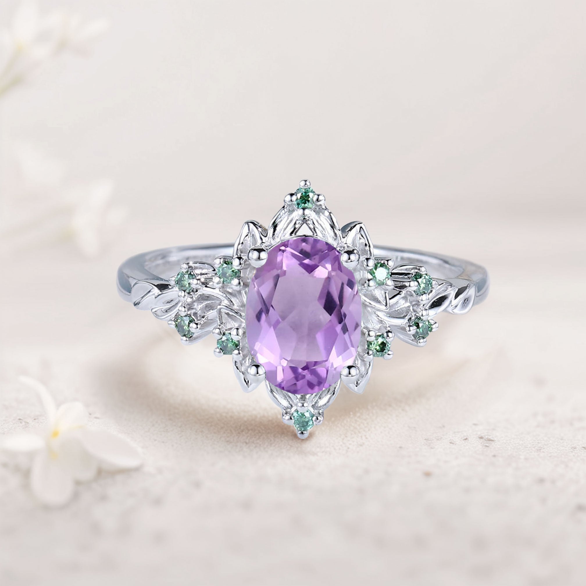 Vintage Briar Rose Halo Oval Amethyst Engagement Ring Olive Leaves Ring - Oore Jewelry