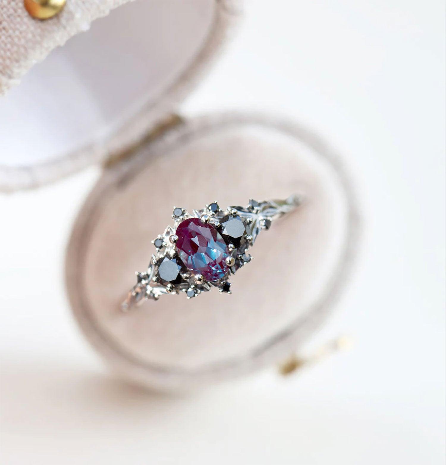 Unique Briar Rose Three Stone Oval Lab Alexandrite and Black Moissanite Ring - Oore Jewelry