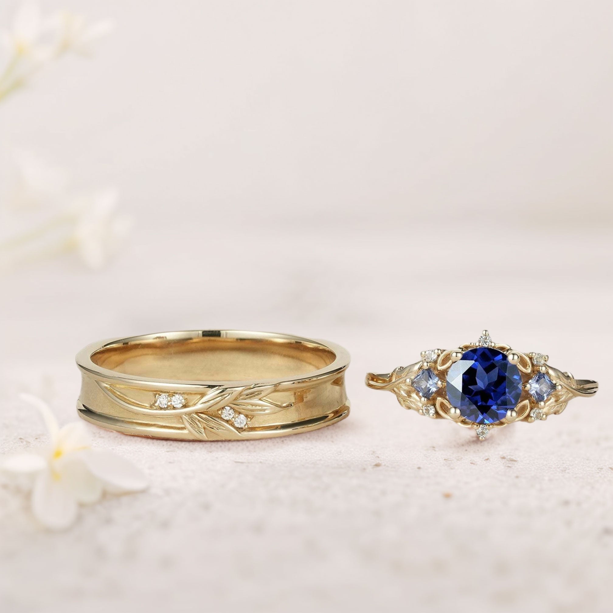 Unique Round Lab Sapphire Promise Ring Engagement Ring Set for Couples - Oore Jewelry