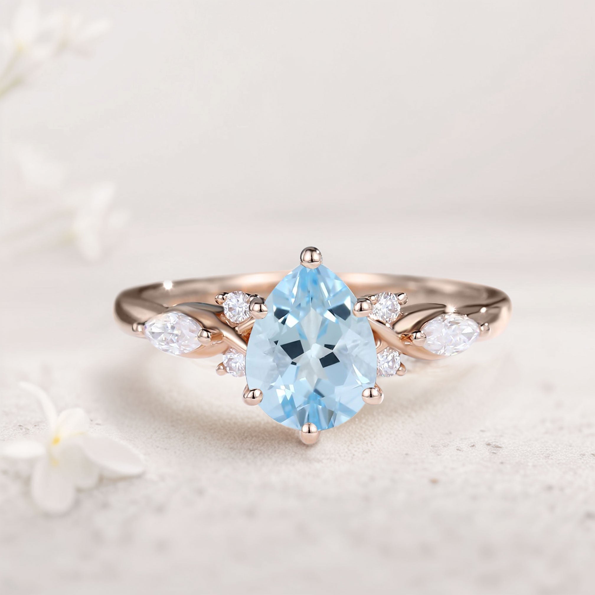 Vintage Pear Lab Aquamarine and Moissanite Split Shank Engagement Ring - Oore Jewelry