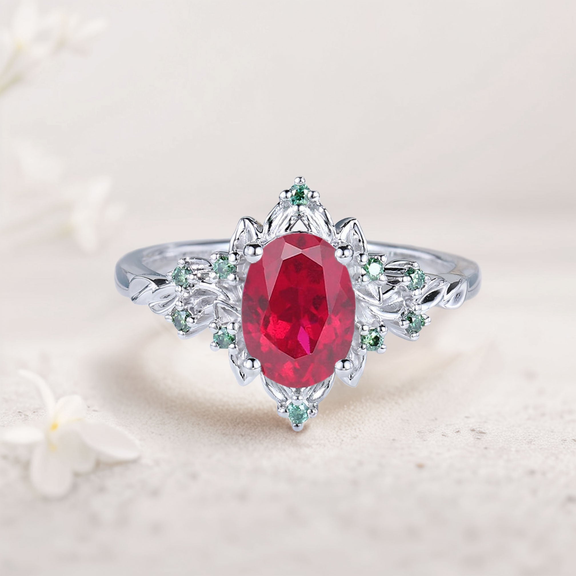 Vintage Briar Rose Oval Lab Ruby Engagement Ring Olive Leaves Ring - Oore Jewelry