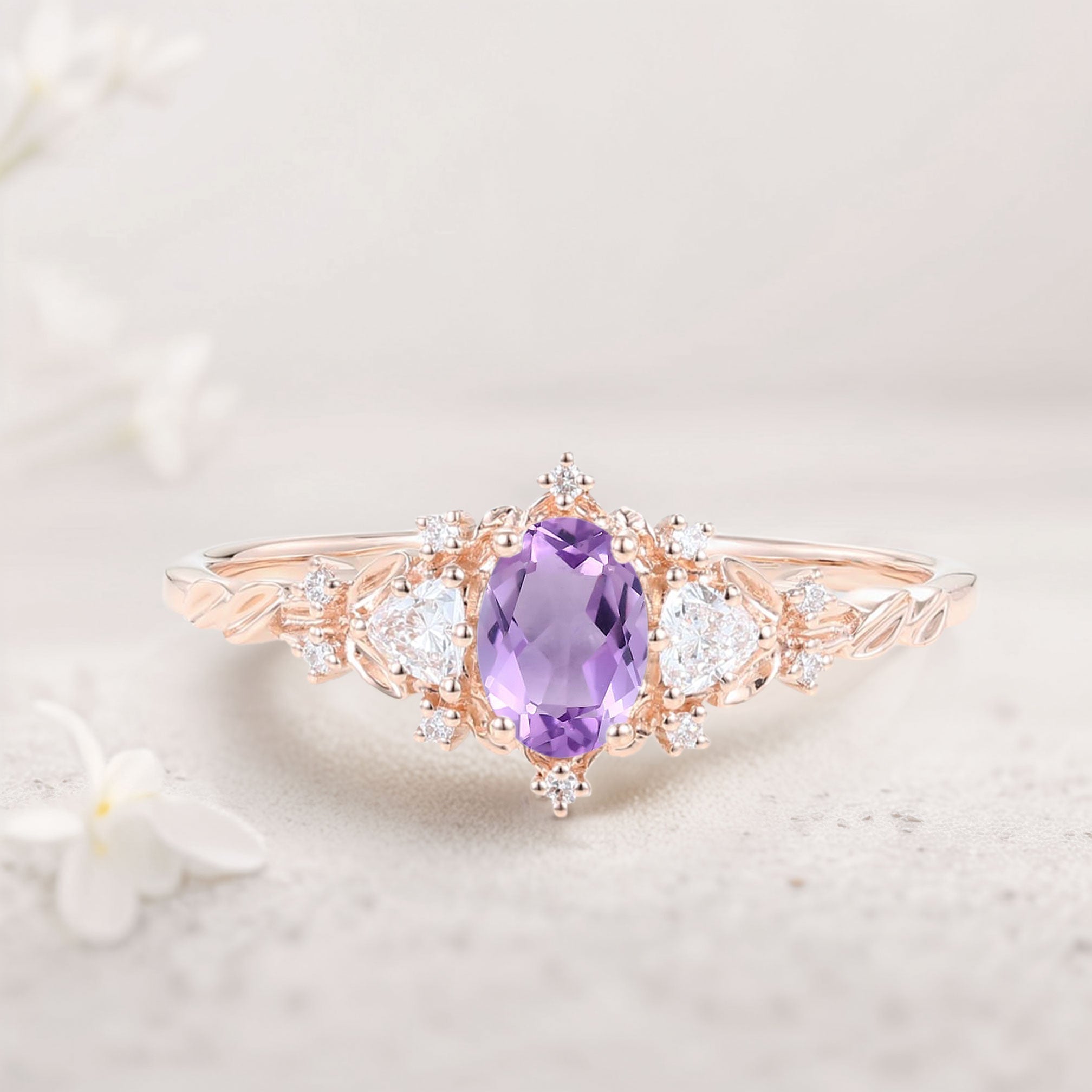 Vintage Briar Rose Oval Amethyst Olive Leaves Engagement Ring - Oore Jewelry