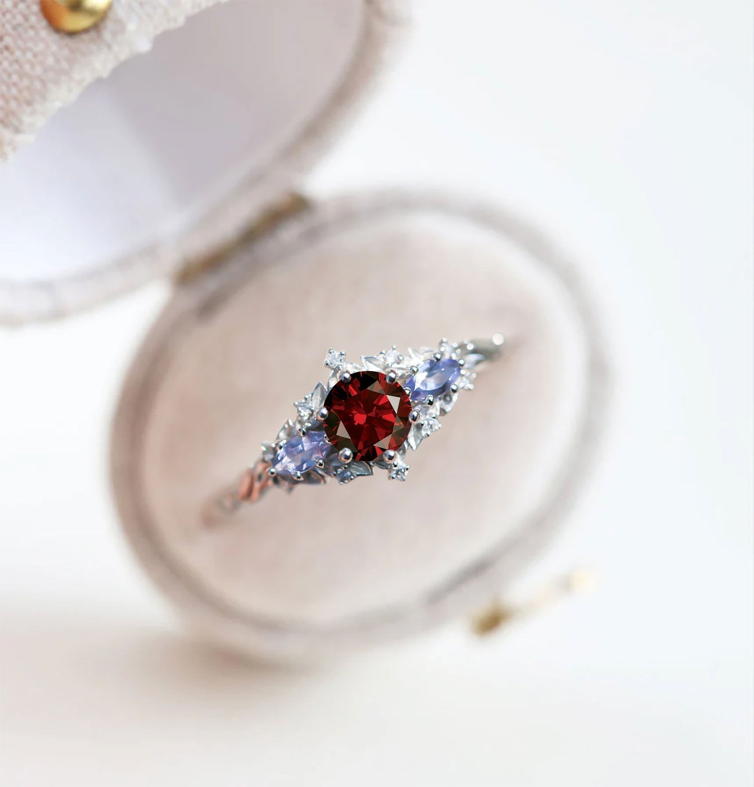 Unique Briar Rose Three Stone Round Garnet and Lab Tanzanite Anniversary Ring - Oore Jewelry