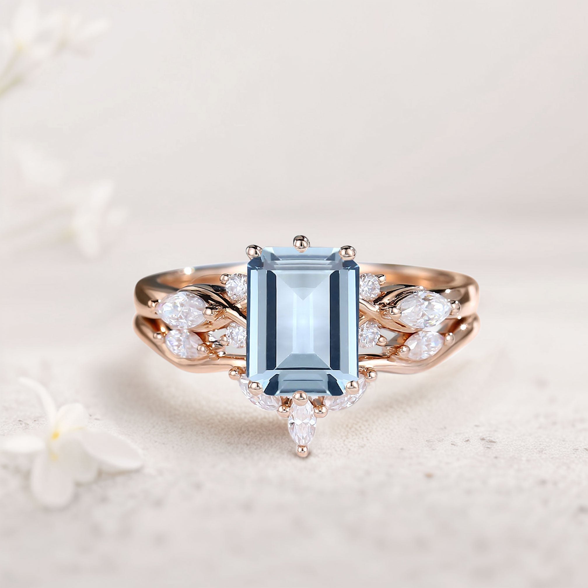 Unique Emerald Shaped Lab Aquamarine Wedding Ring Set Bridal Ring Set - Oore Jewelry