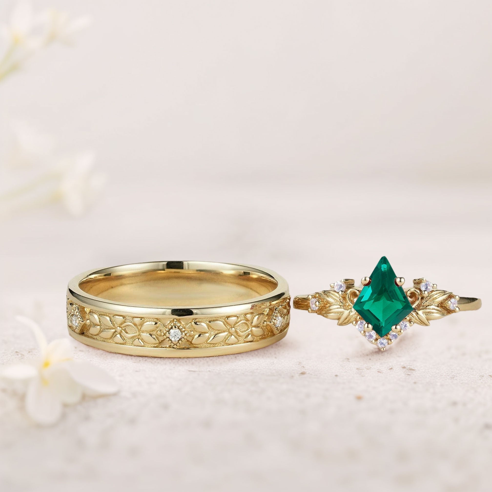 Vintage Kite Lab Emerald Promise Ring Engagement Ring Set for Couples - Oore Jewelry