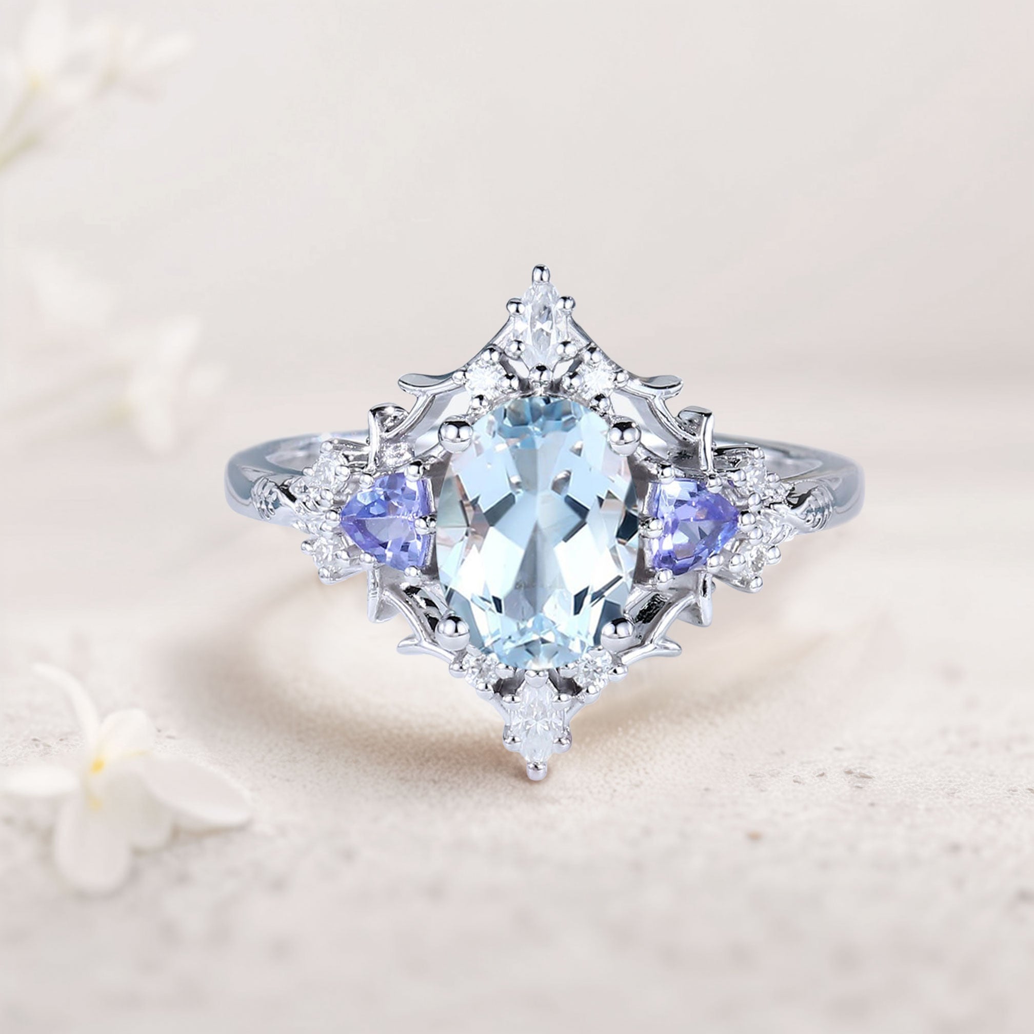 Vintage Briar Rose Oval Lab Aquamarine Engagement Ring Filigree Ring - Oore Jewelry