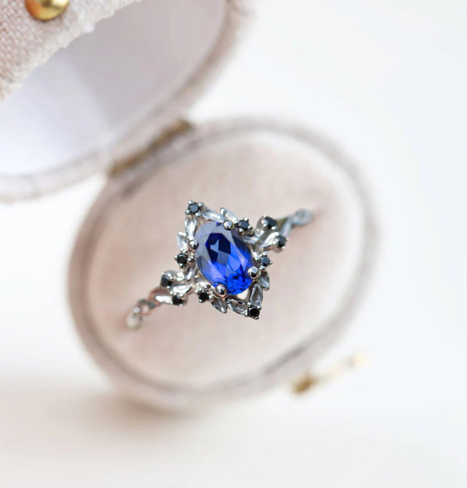 Unique Briar Rose Oval Lab Sapphire and Black Moissanite Ring - Oore Jewelry