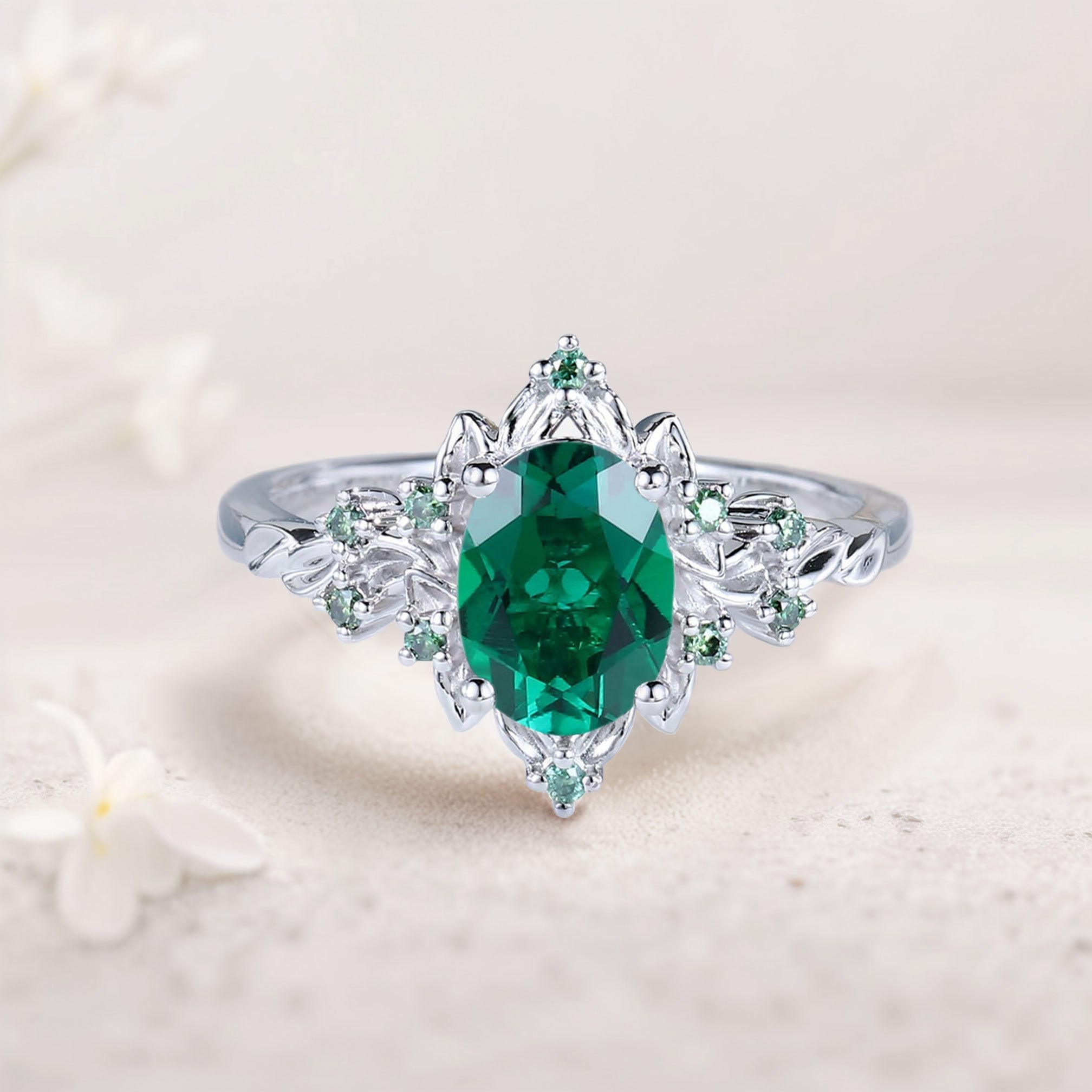 Vintage Briar Rose Halo Oval Lab Emerald Engagement Ring Olive Leaves Ring - Oore Jewelry