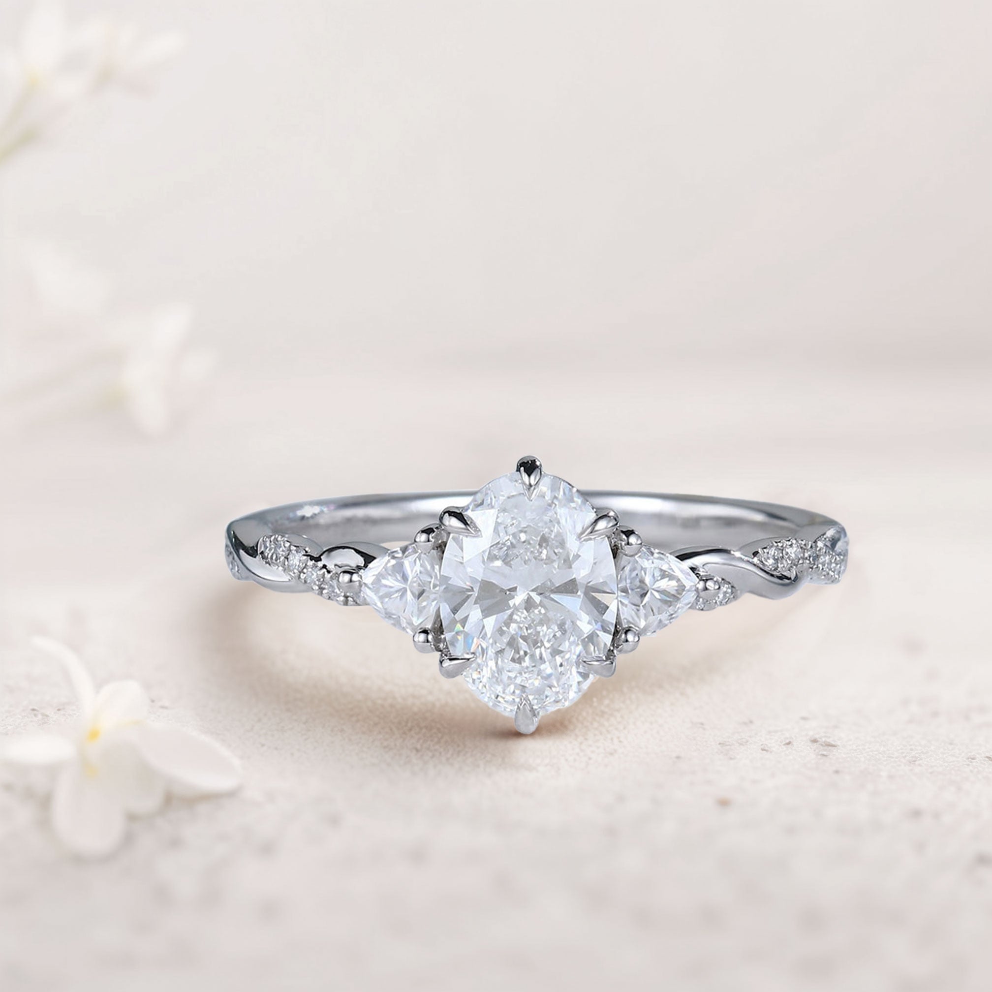 Unique Three Stone Oval Moissanite Ring Engagement Ring - Oore Jewelry