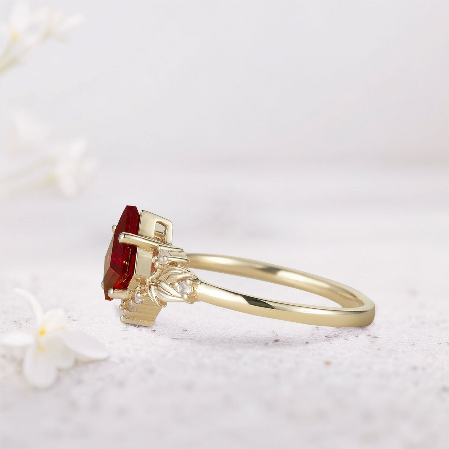 Unique Kite Lab Ruby and Lab Moonstone Cluster Leaf Ring - Oore Jewelry