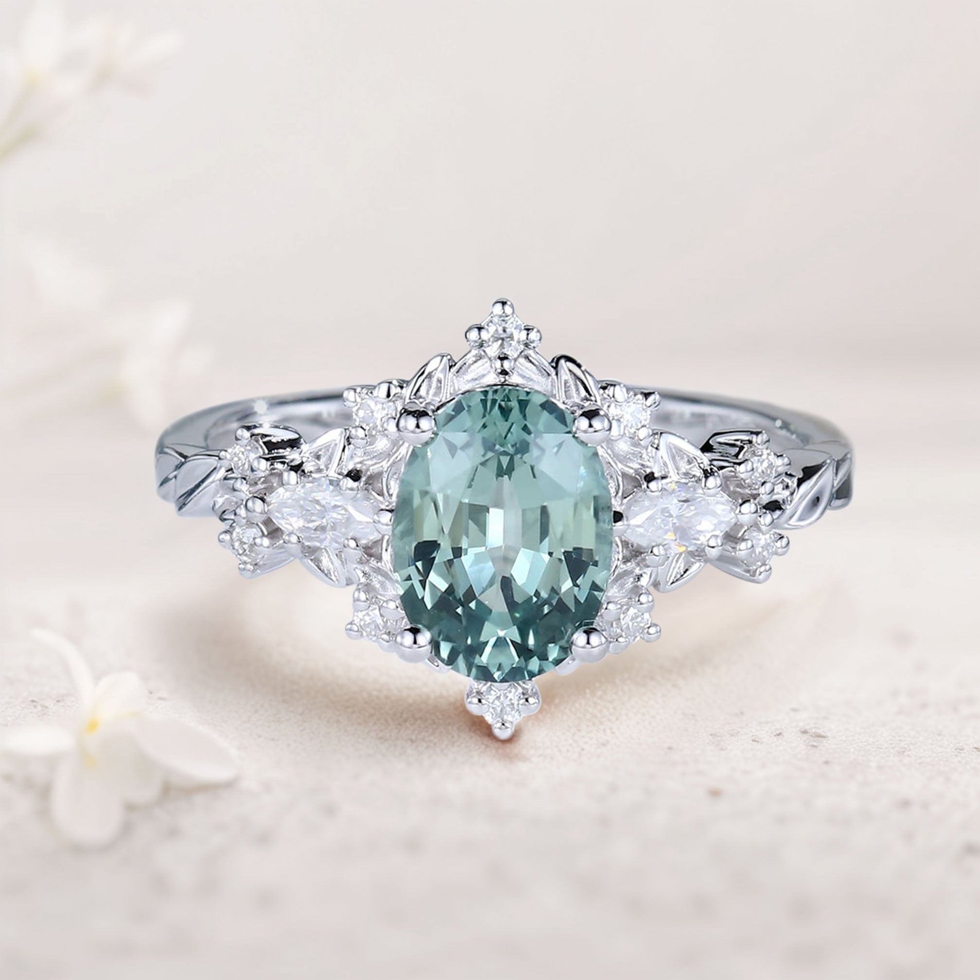 Vintage Briar Rose Oval Green Lab Sapphire Engagement Ring Vine Ring - Oore Jewelry