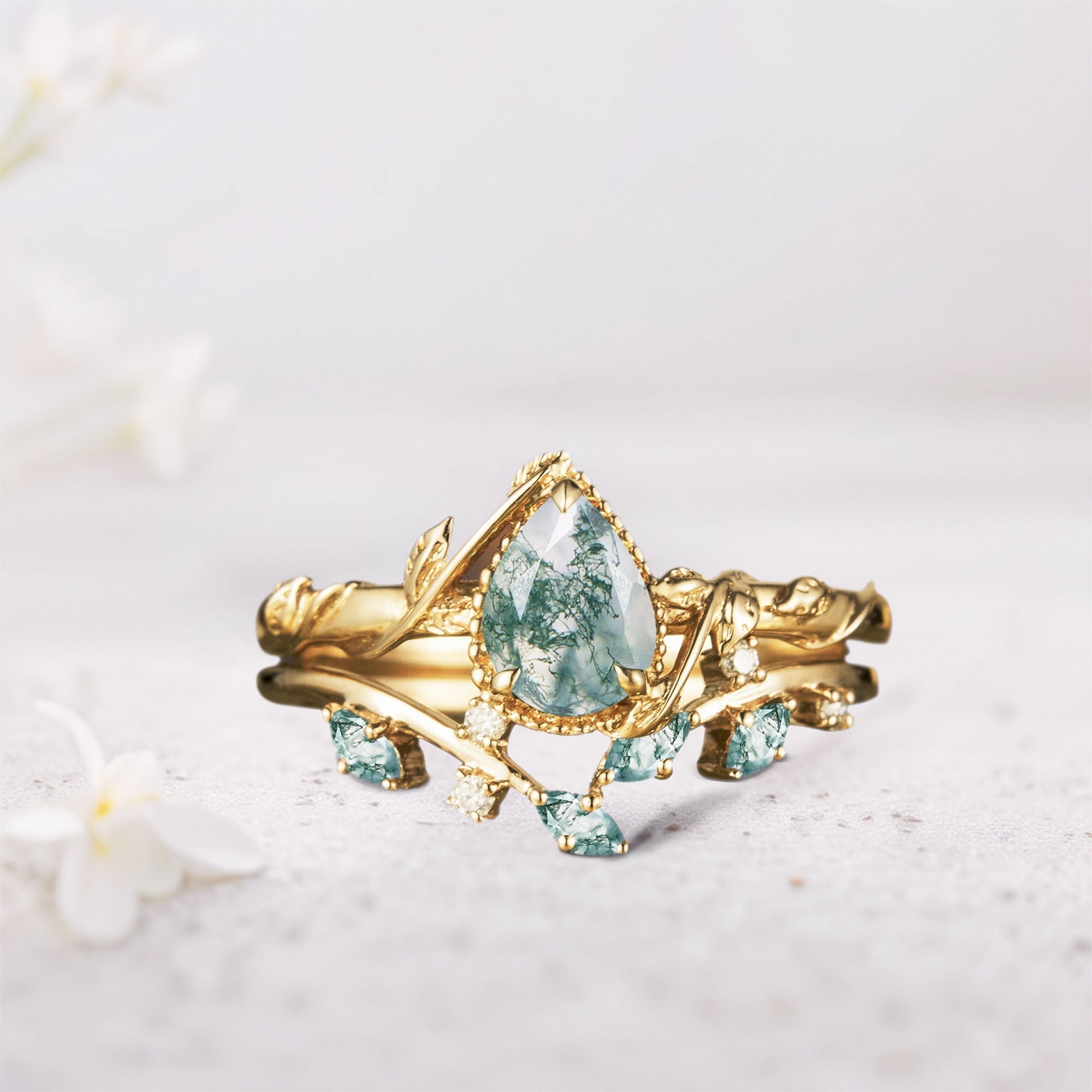 Unique Pear Moss Agate Bridal Ring Set Leaf Ring Set - Oore Jewelry