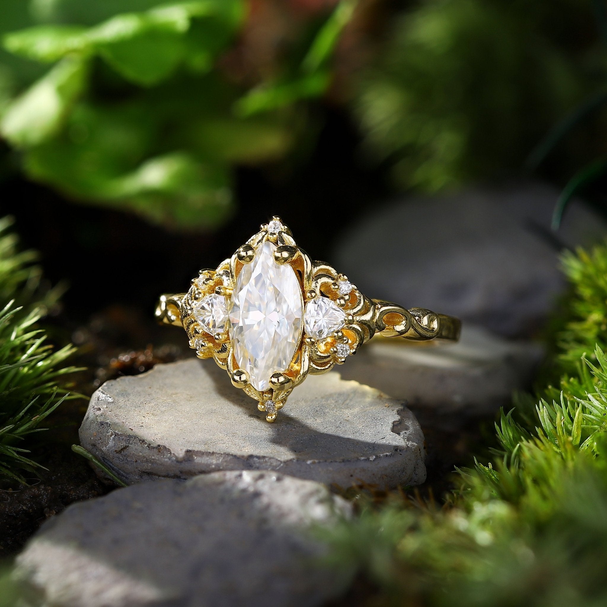 Unique Aurora Three Stone Marquise Moissanite Ring - Oore Jewelry