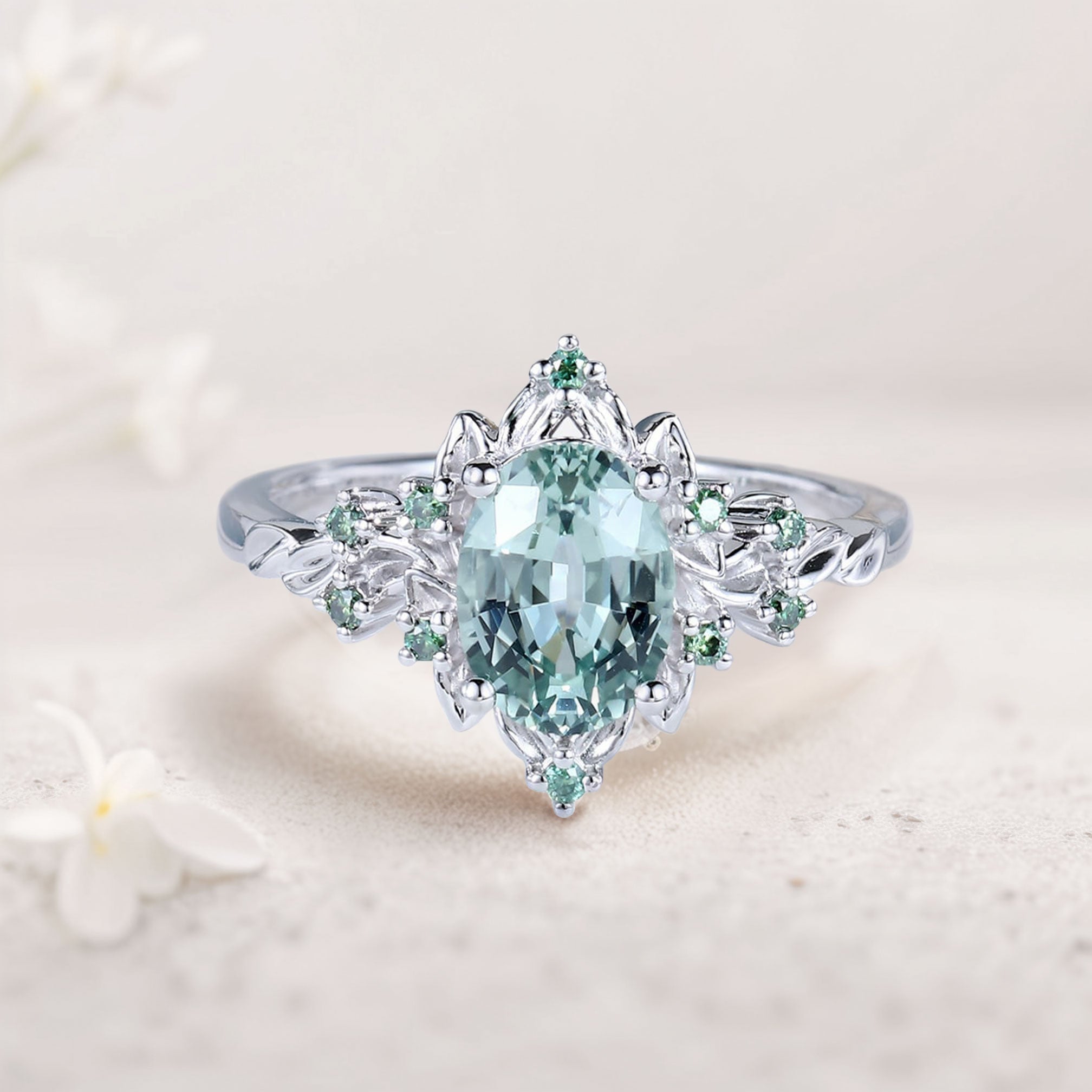 Vintage Briar Rose Oval Green Lab Sapphire Engagement Ring Olive Leaves Ring - Oore Jewelry