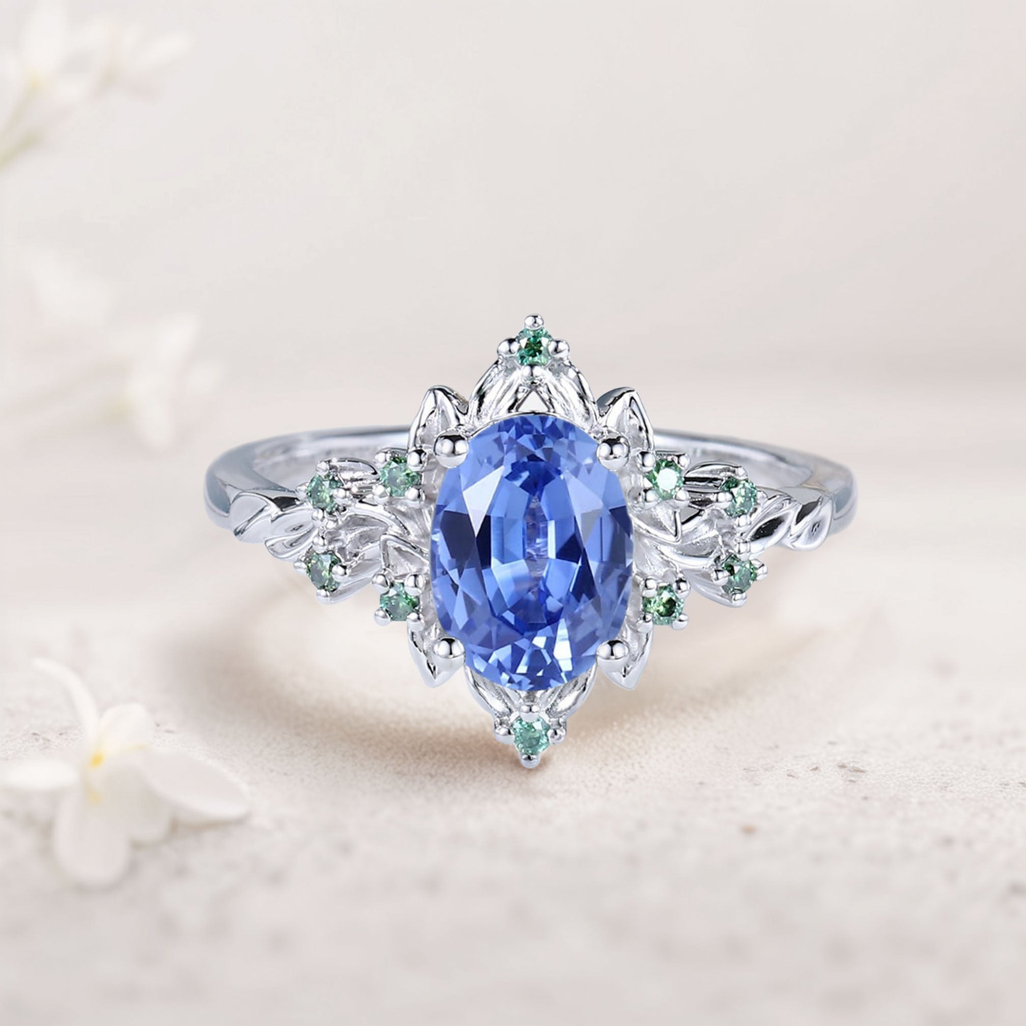 Vintage Briar Rose Oval Lab Sapphire Engagement Ring Olive Leaves Ring - Oore Jewelry