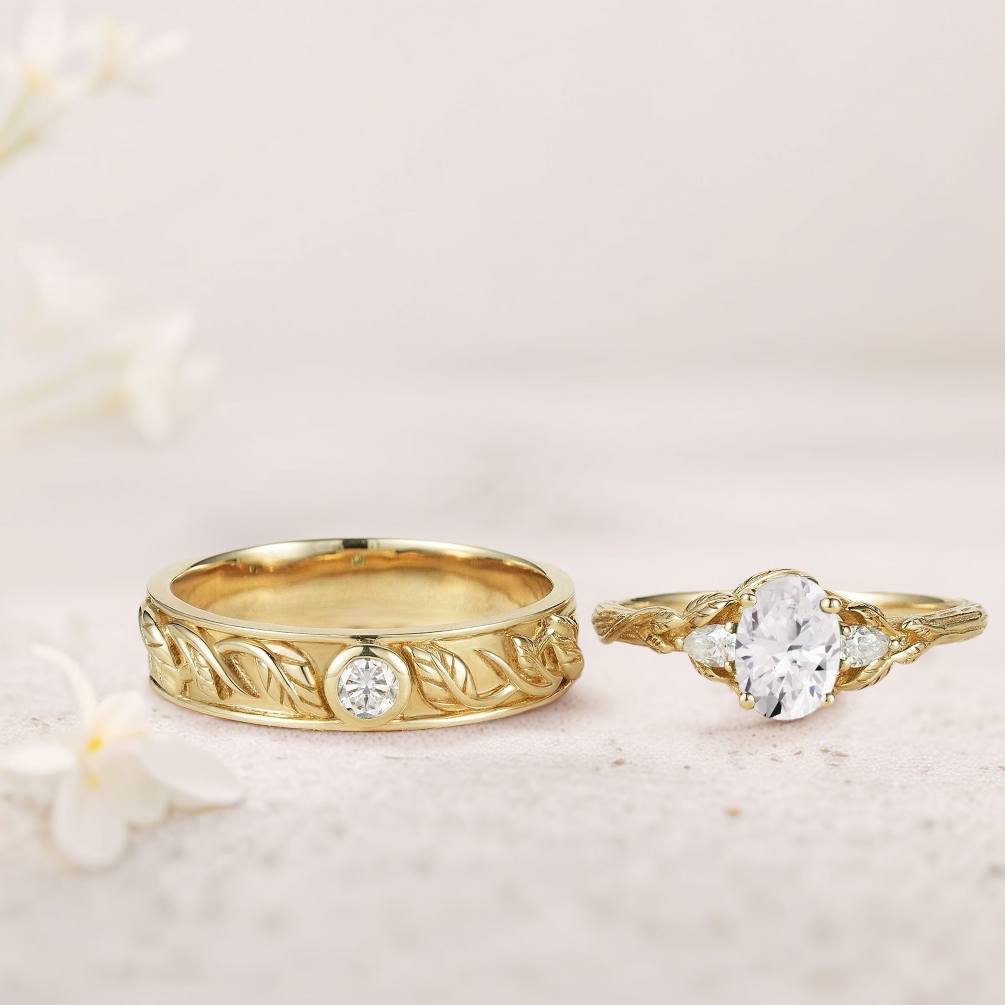Unique Leaf Design Oval Moissanite Wedding Ring Promise Ring for Couples - Oore Jewelry