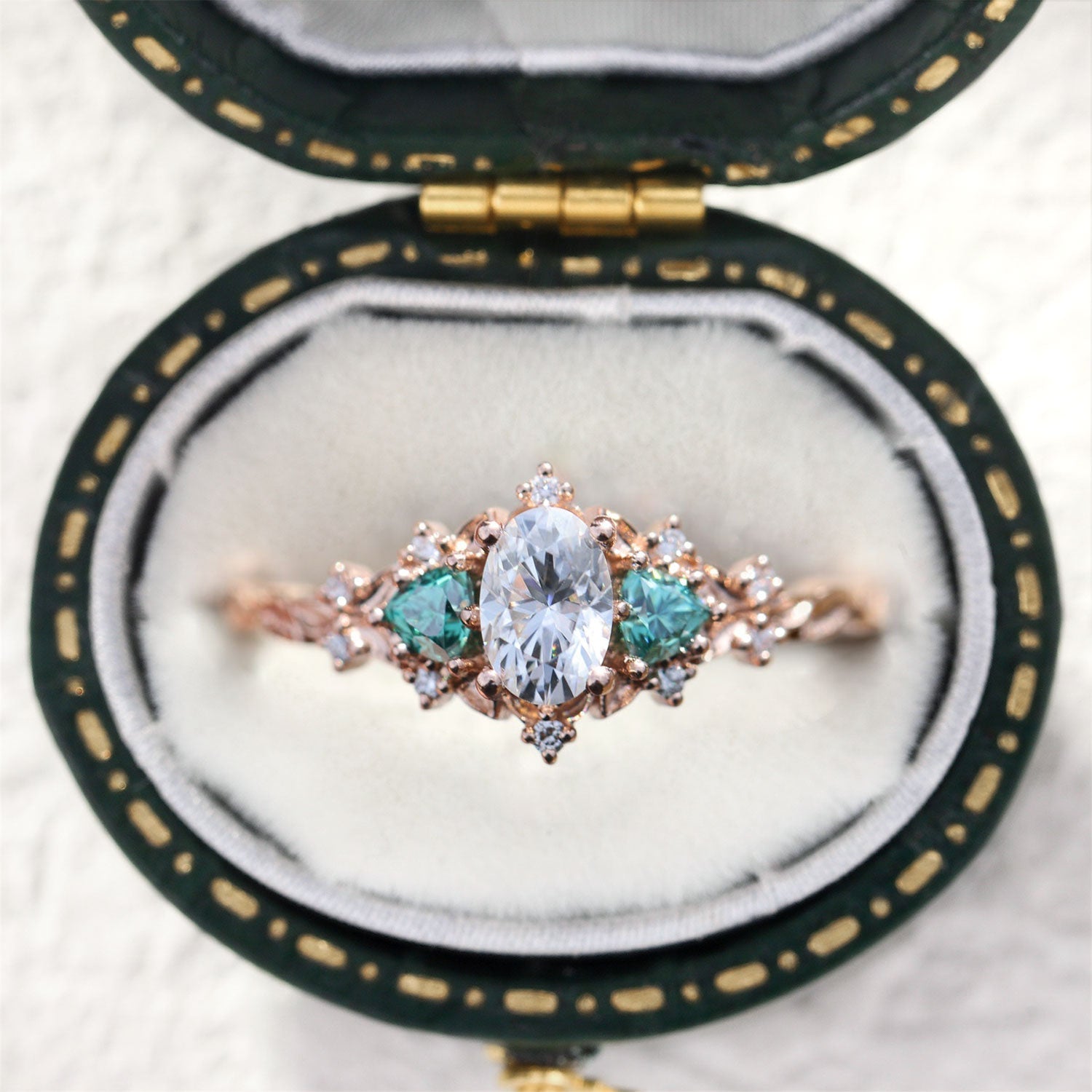 Briar Rose Three Stone Oval Teal Moissanite Engagement Ring - Oore Jewelry