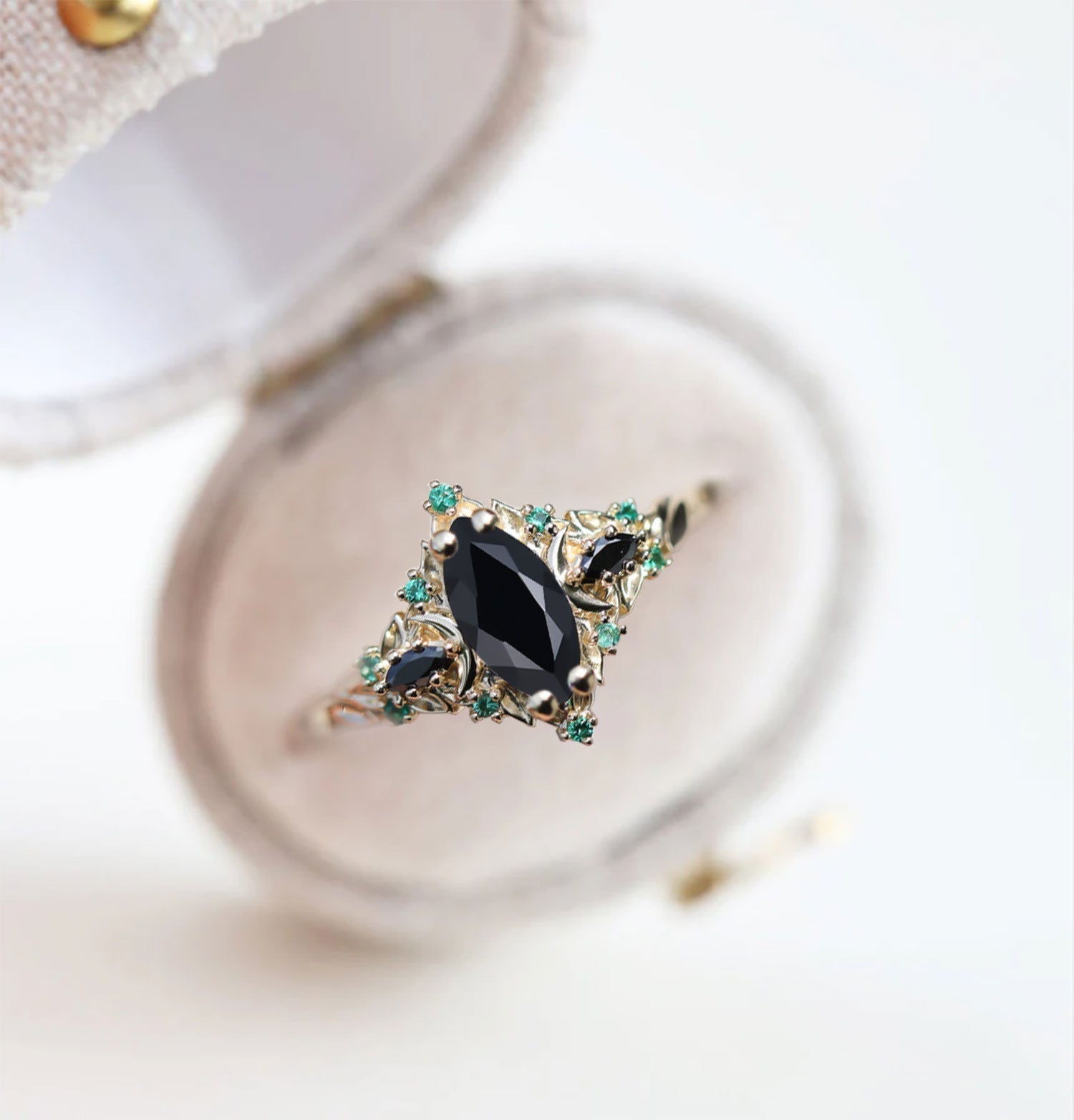 Unique Briar Moon Three Stone Marquise Black Onyx and Lab Emerald Ring - Oore Jewelry